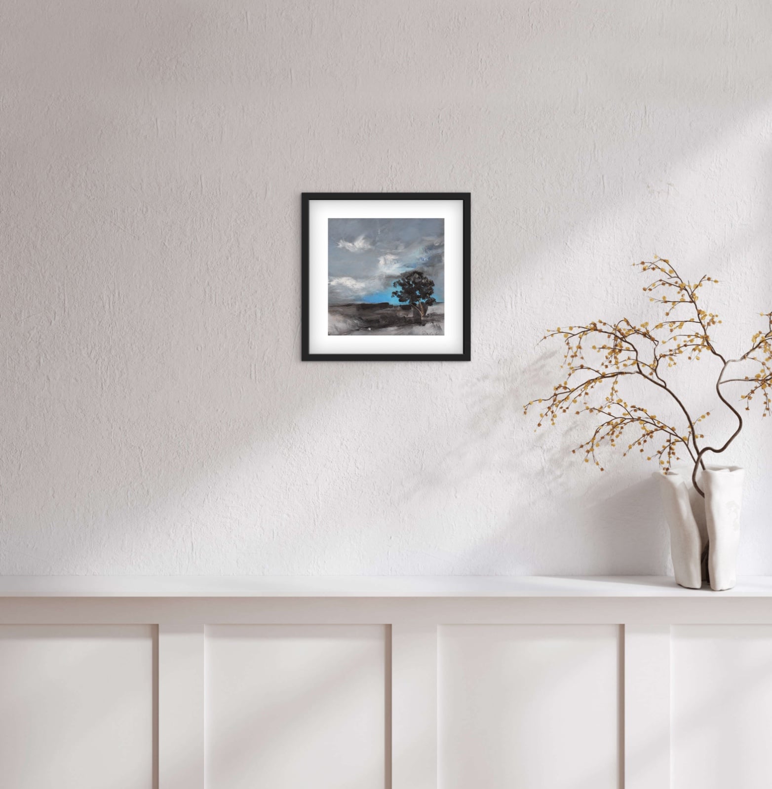 Landschapschilderij Grijs, Blauw & Zwart – Acryl op Hout 32x32cm – ‘Stormbound Tree’