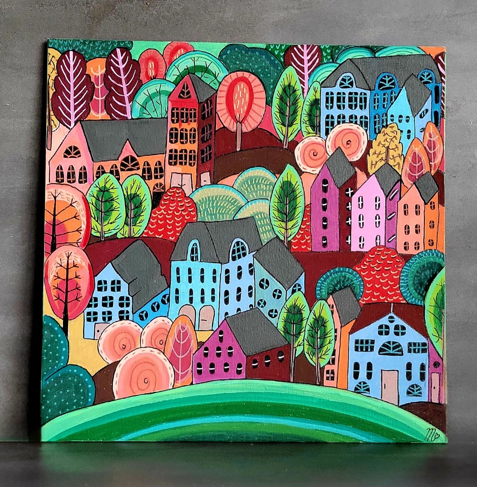 Canvas 'Achter de groene heuvel' origineel canvas schilderij 25x25 - 149792 Canvas 'Achter de groene heuvel' origineel canvas schilderij 25x25