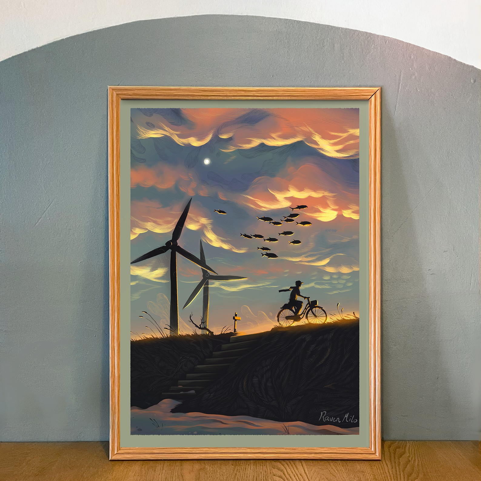 Kunstprint van dijk bij zonsondergang, Illustratie wanddecoratie op mat fine-art papier