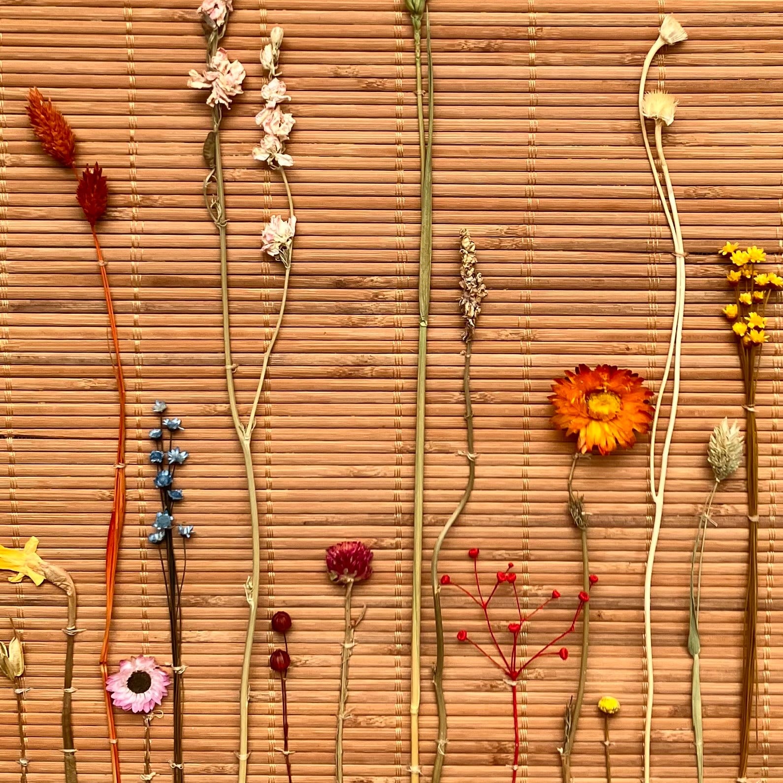 Wandhanger gemaakt op naturel bamboematje met gedroogde bloemen - Botanische Bamboe Kunst - Boho Natuurlijk - Geperste Bloemen