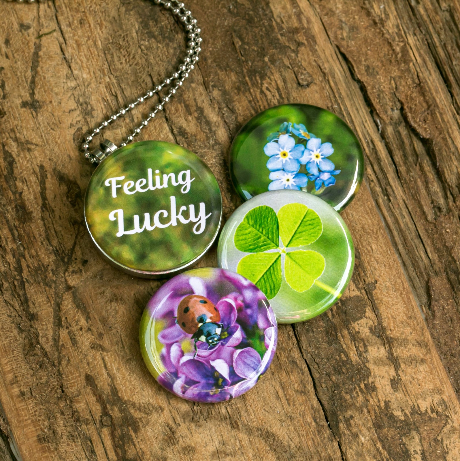 Roestvrij stalen fotomedaillon close up foto s van geluksbrengers,lucky charms, klavertje vier,lieveheersbeestje en vergeet-me-nietjes. Rvs/roestvrij stalen fotomedaillon. Voor het dicht bij je dragen van je speciale foto.