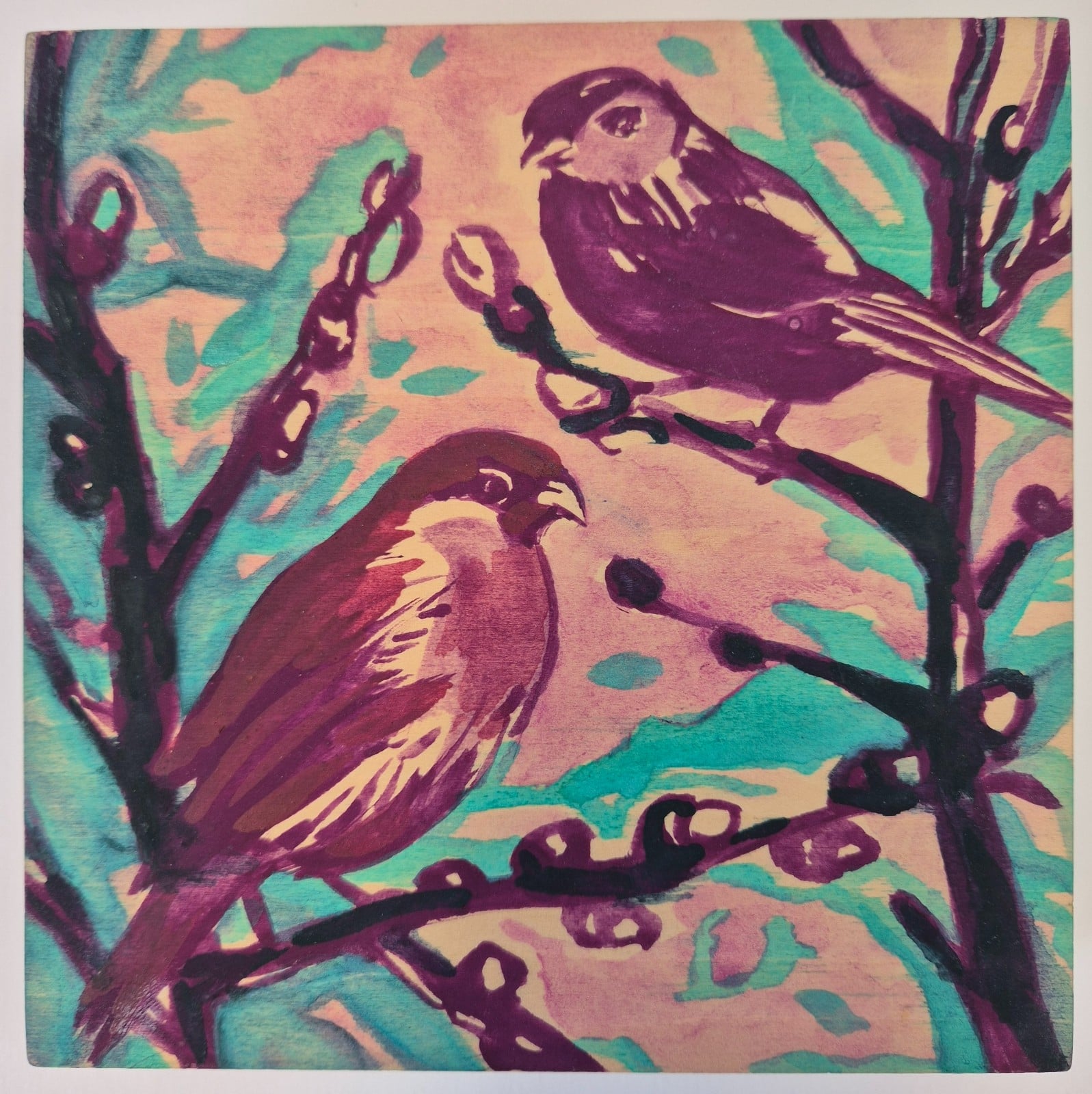 Vogeltjes II, houten paneel