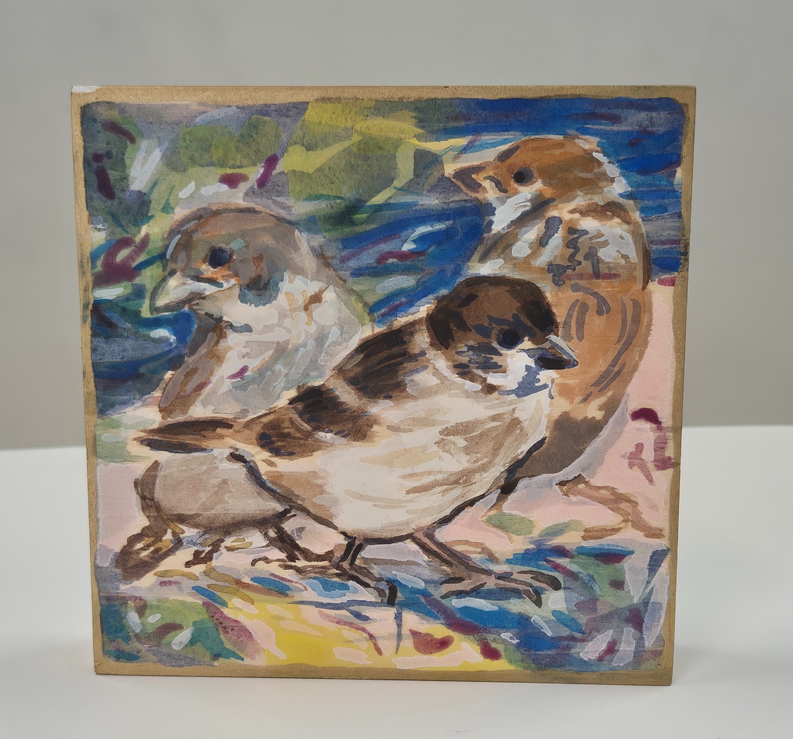 Vogeltjes, houten paneel