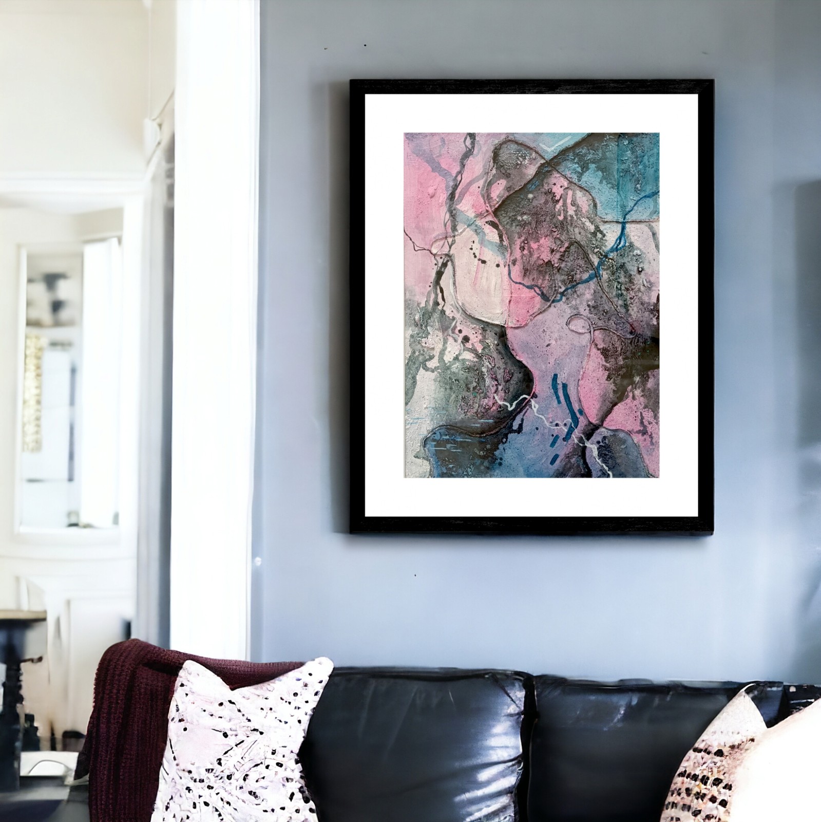 Abstract schilderij - textuur roze zwart blauw - 90209 Abstract schilderij - textuur roze zwart blauw