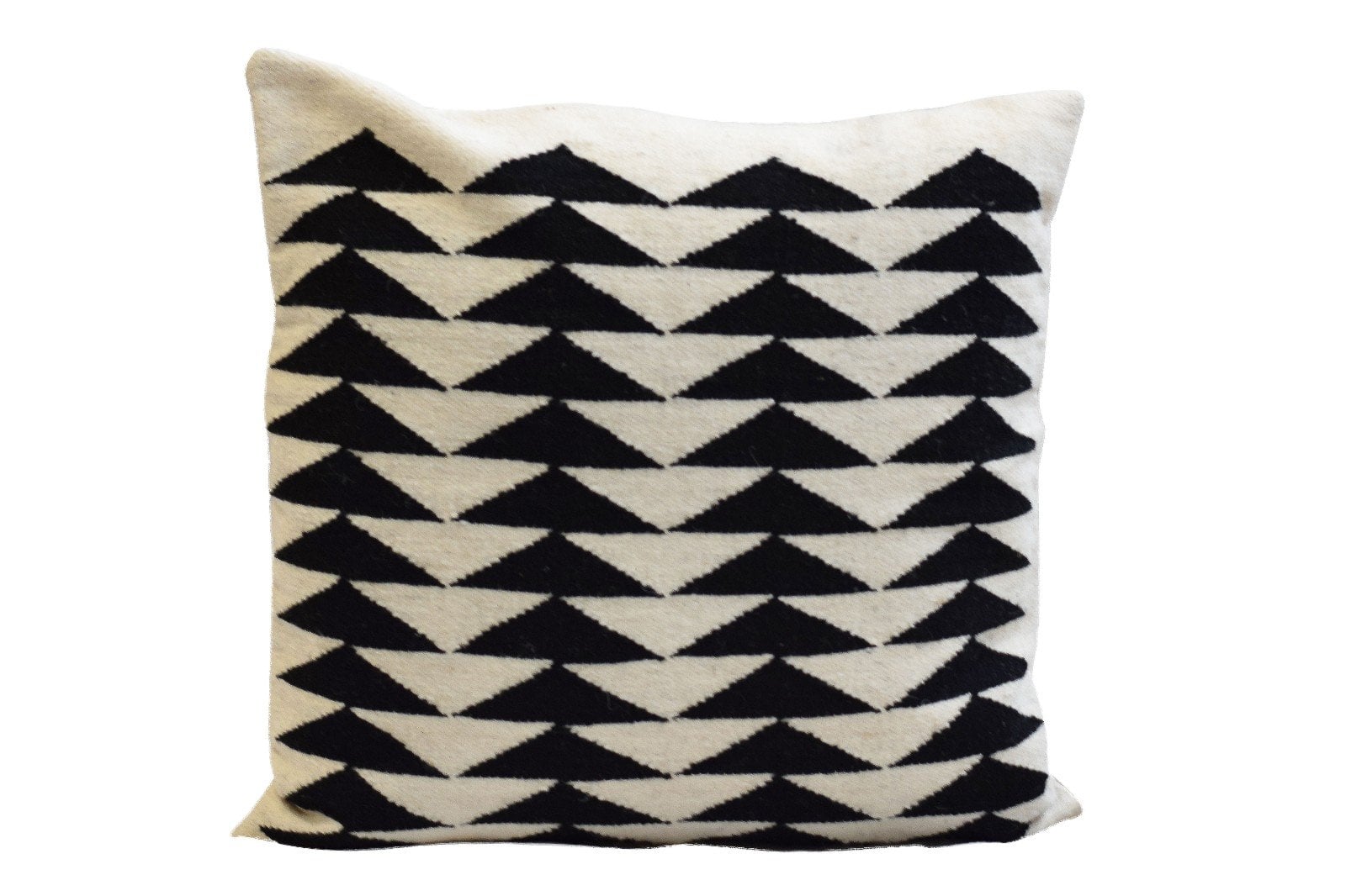 Handgeweven schapenwollen kussen met zwart of geel driehoekpatroon (bank of woonkamer)