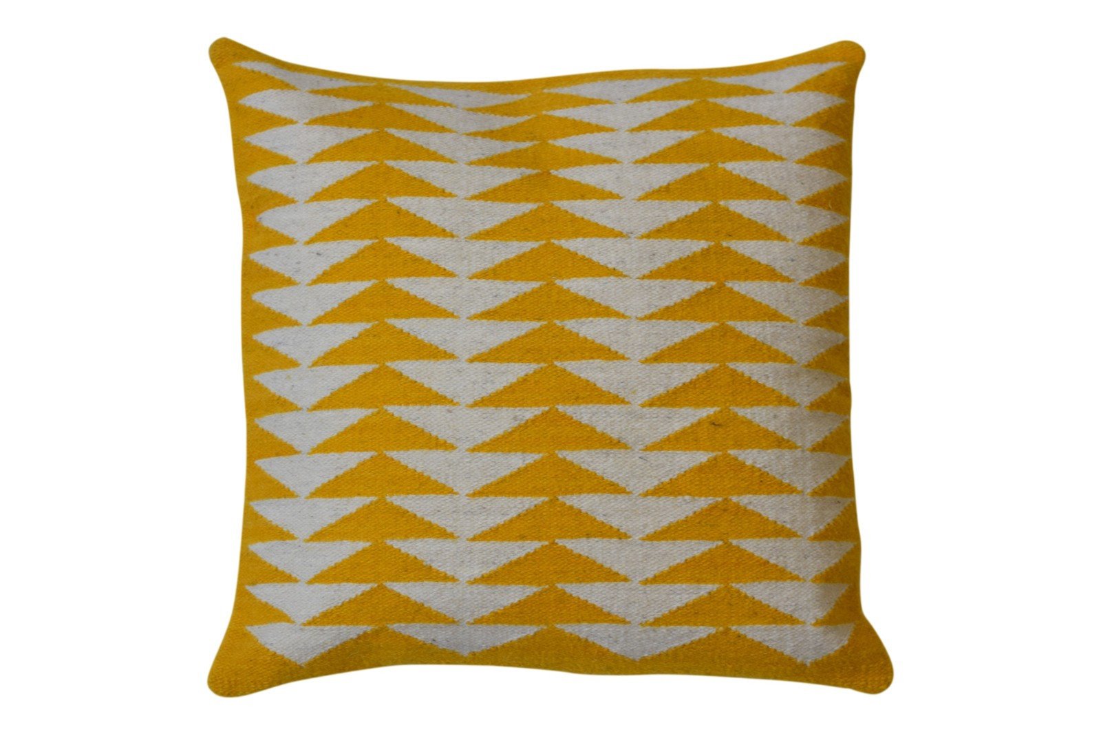 Handgeweven schapenwollen kussen met zwart of geel driehoekpatroon (bank of woonkamer)