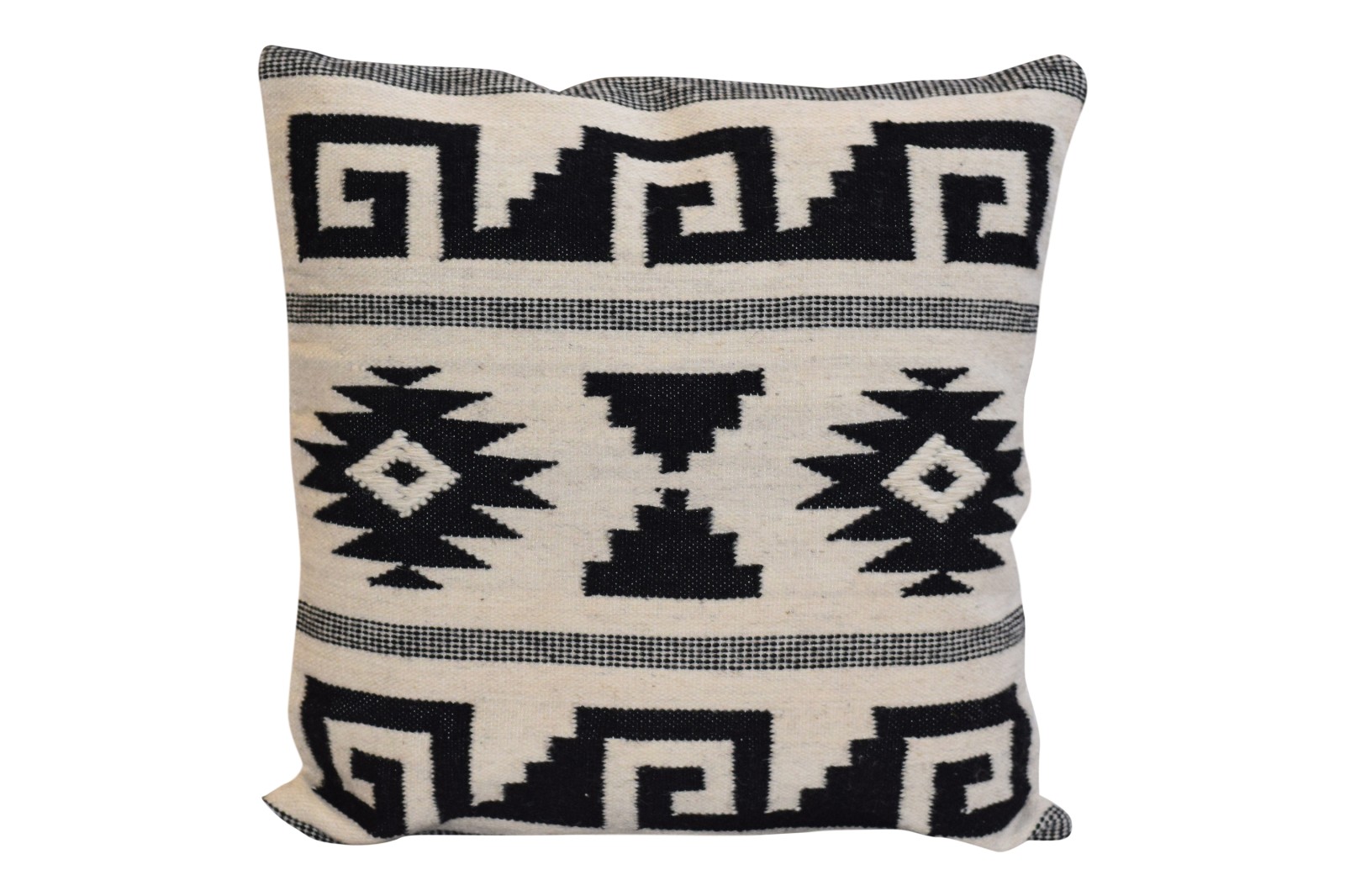 Handgeweven zwart en wit schapenwollen kussen (bank of woonkamer)