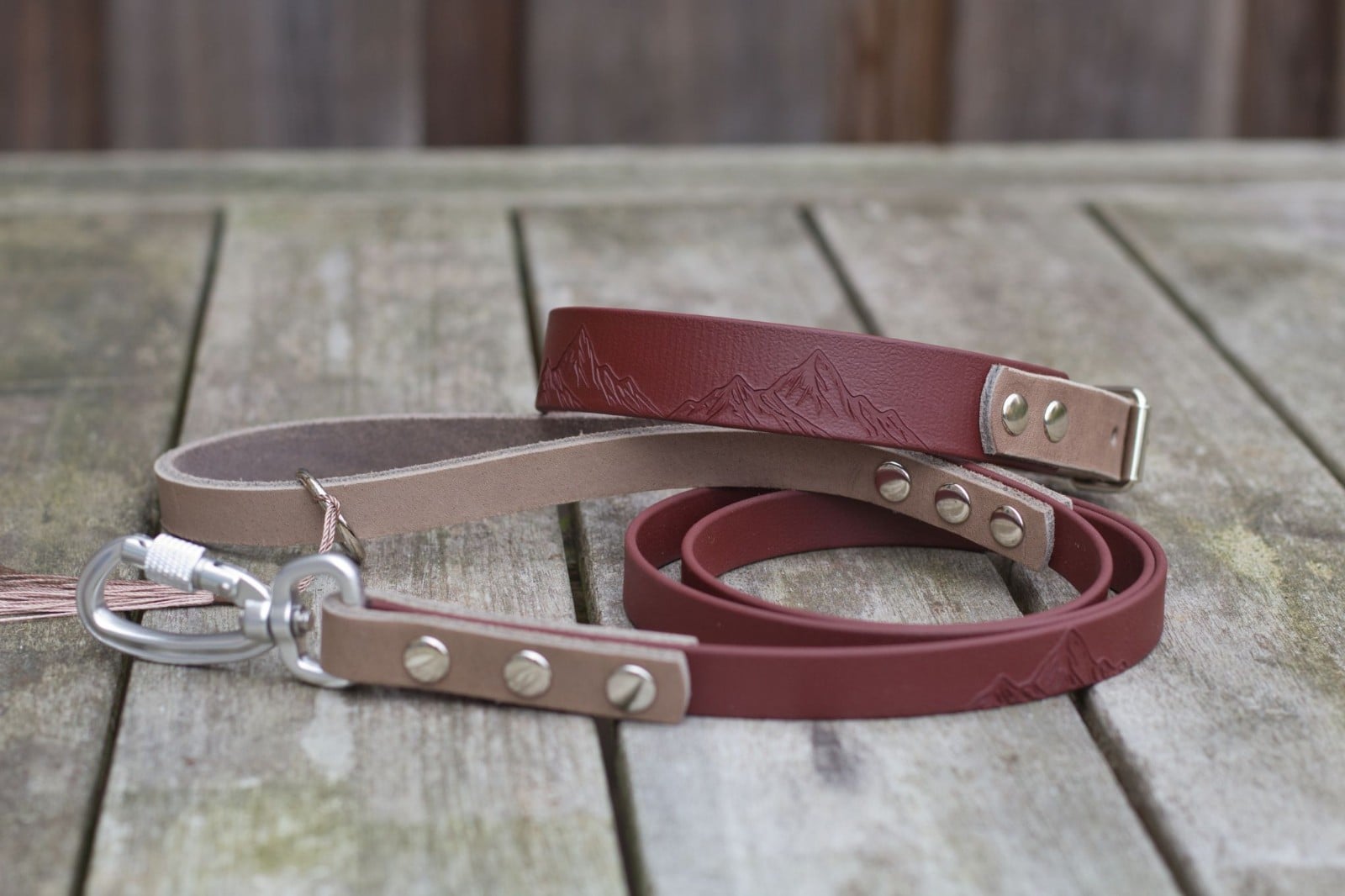 Luxe leren en Biothane honden riem en halsband set, handgemaakt met unieke eigen bergjes print