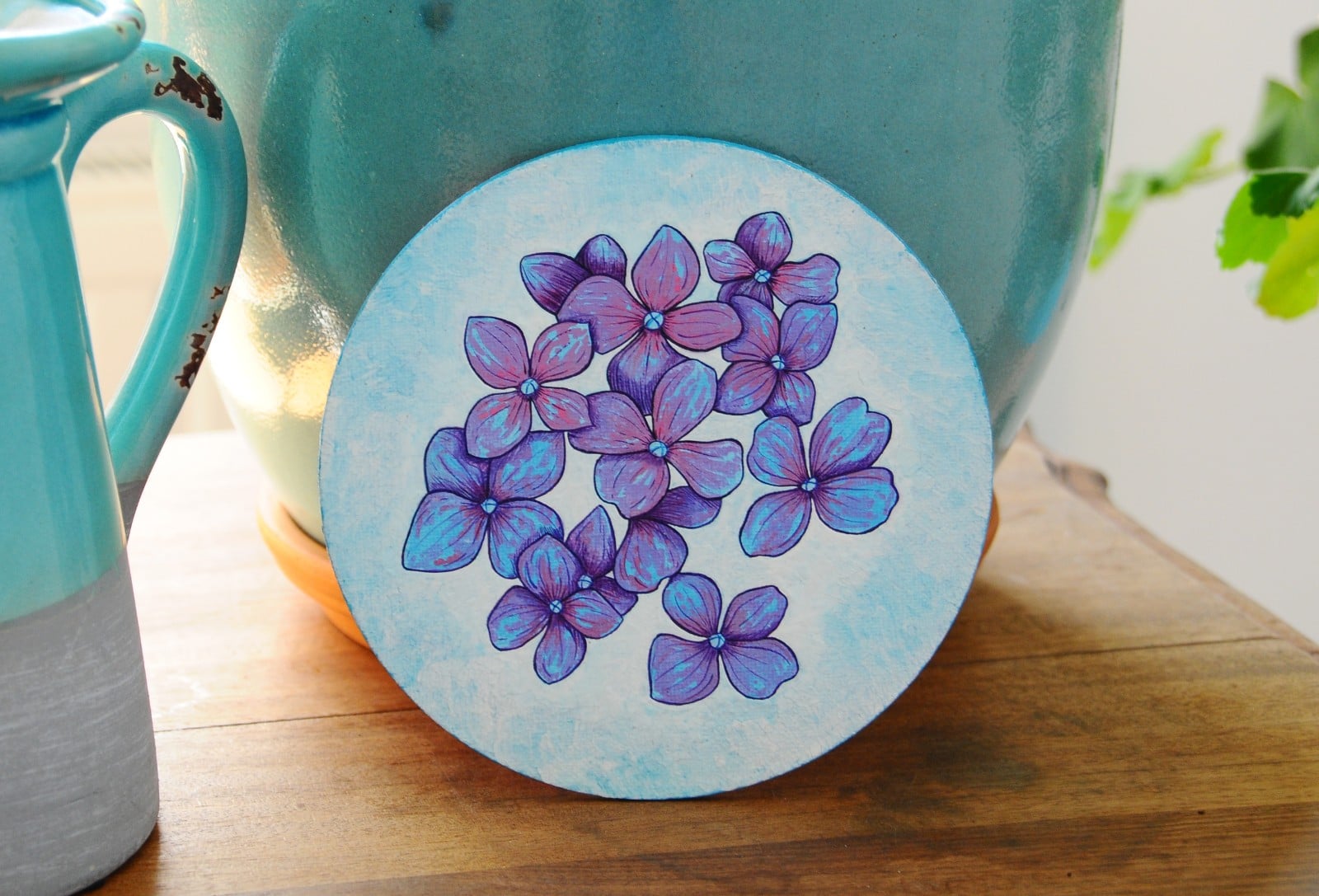 Rond Gouache Schilderij, Hortensia Bloemen - 98354 Rond Gouache Schilderij, Hortensia Bloemen