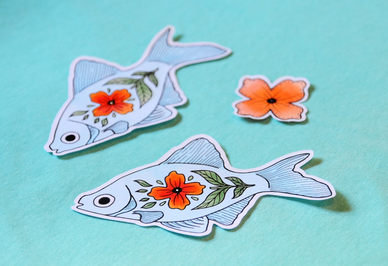 Hand getekende Sticker Set, Blauw Oranje Vissen en Bloemen