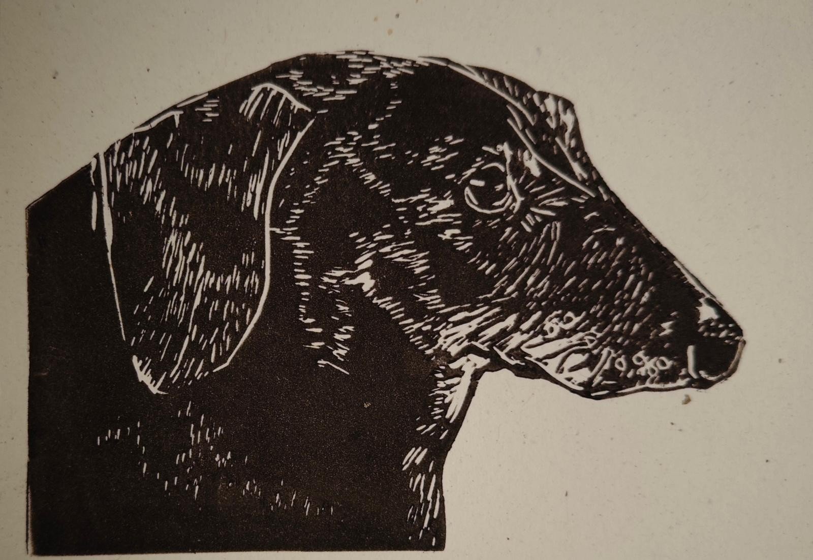 Linoprint ‘Dino de Teckel’ – handgedrukte A6 kunstkaart op offwhite of kraftpapier