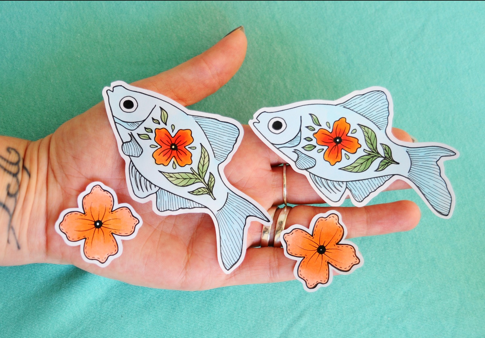 Hand getekende Sticker Set, Blauw Oranje Vissen en Bloemen