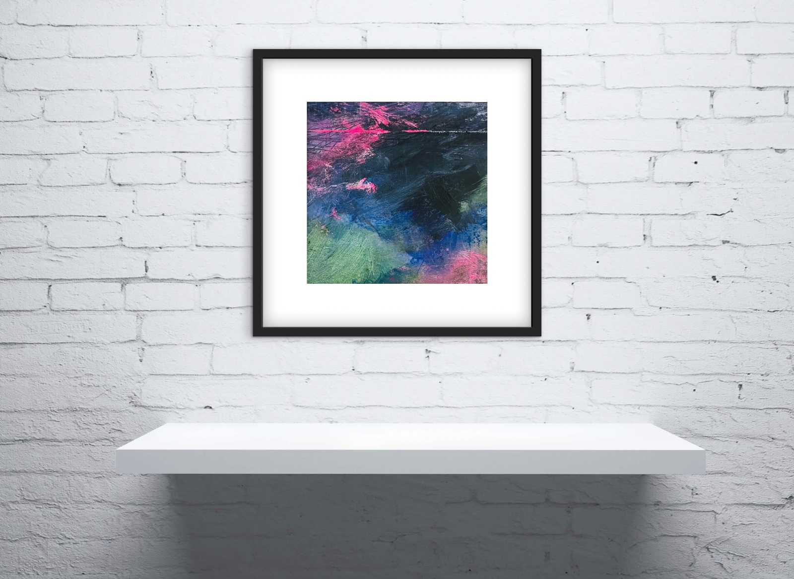 Abstract Schilderij Donkerblauw & Neonroze – Acryl op Hout 32x32cm – ‘Neon Nightfall’