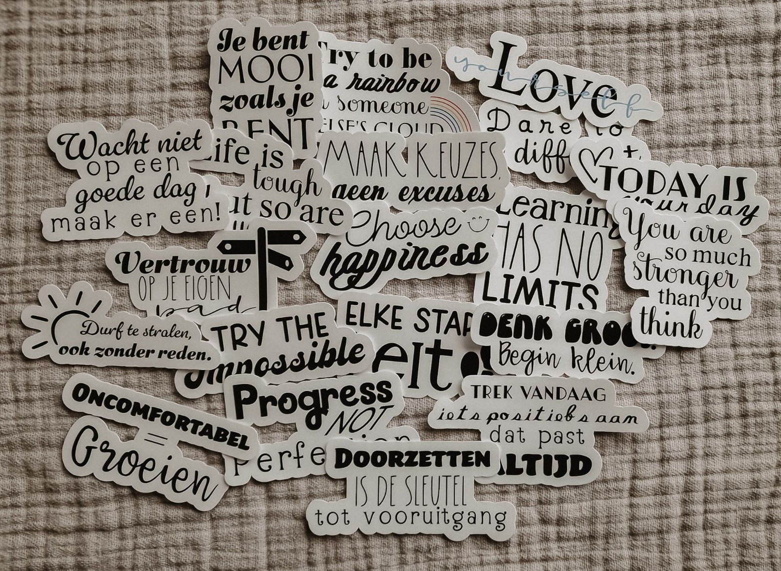 Motiverende quote stickerset, mix engels/nederlands set van 20 stuks