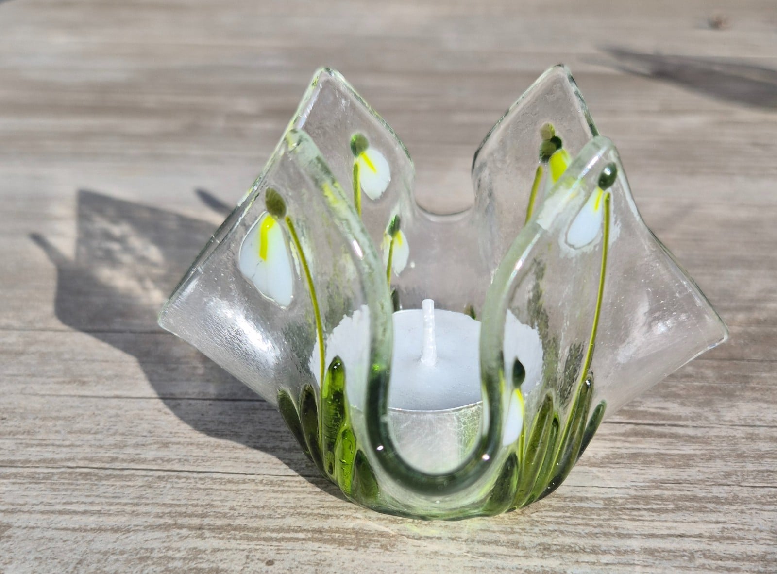 Waxinelichthouder van glas, handgemaakt, transparant met sneeuwklokjes