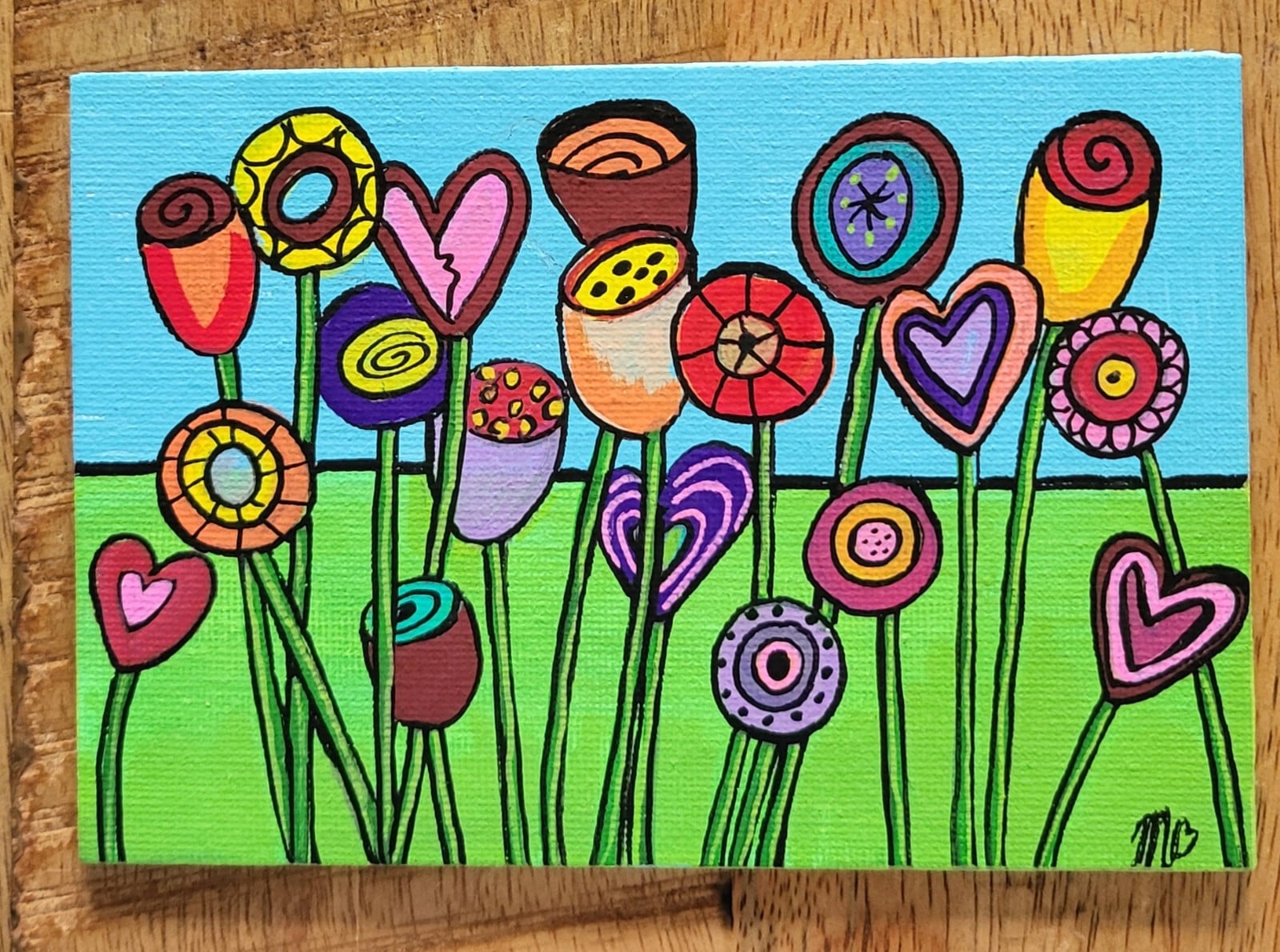 'Bloemenveldje' origineel acrylschilderijtje 15x10 - 151067 Canvas 'Bloemenveldje' origineel acryl schilderijtje 15x10