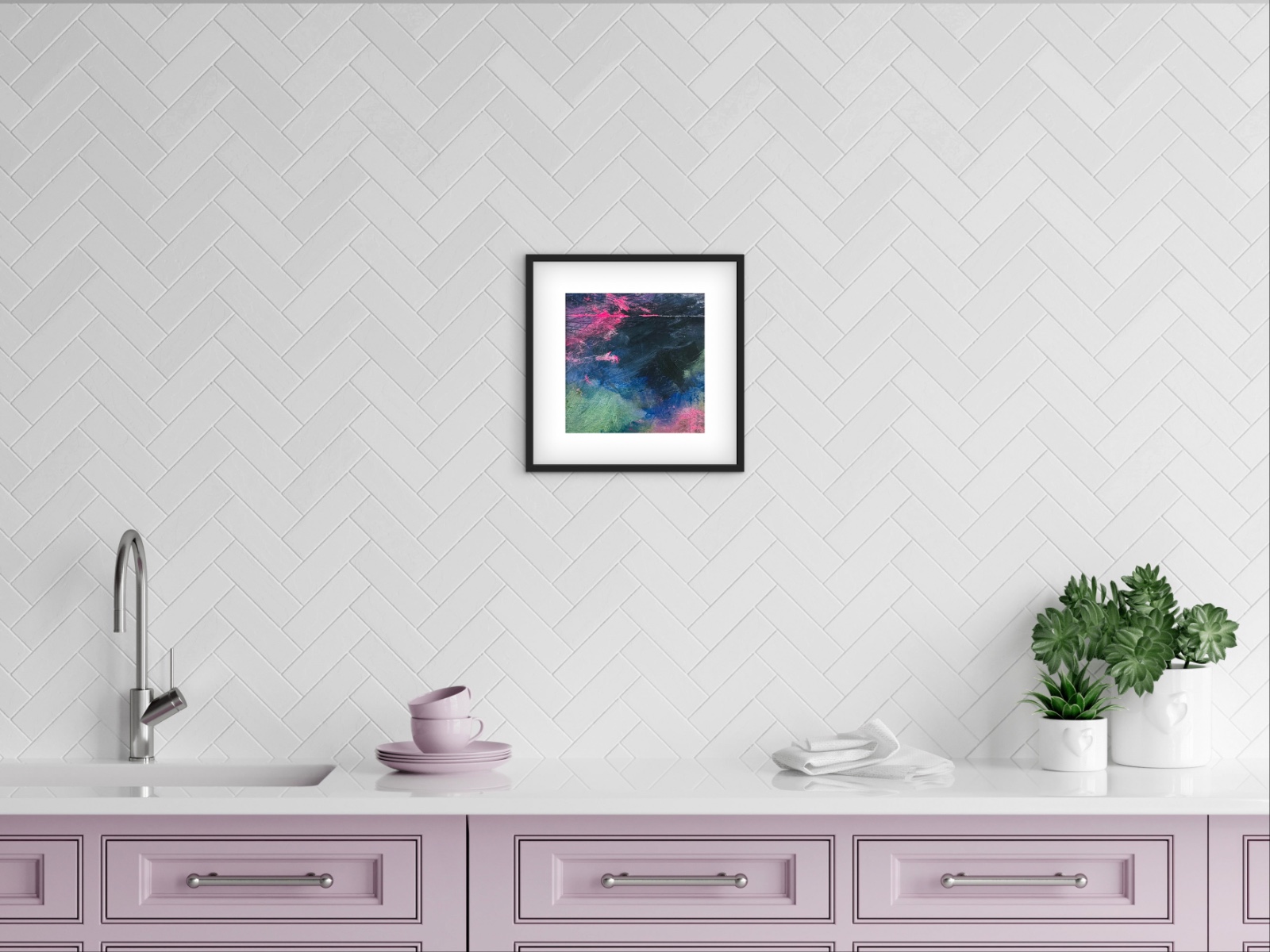 Abstract Schilderij Donkerblauw & Neonroze – Acryl op Hout 32x32cm – ‘Neon Nightfall’