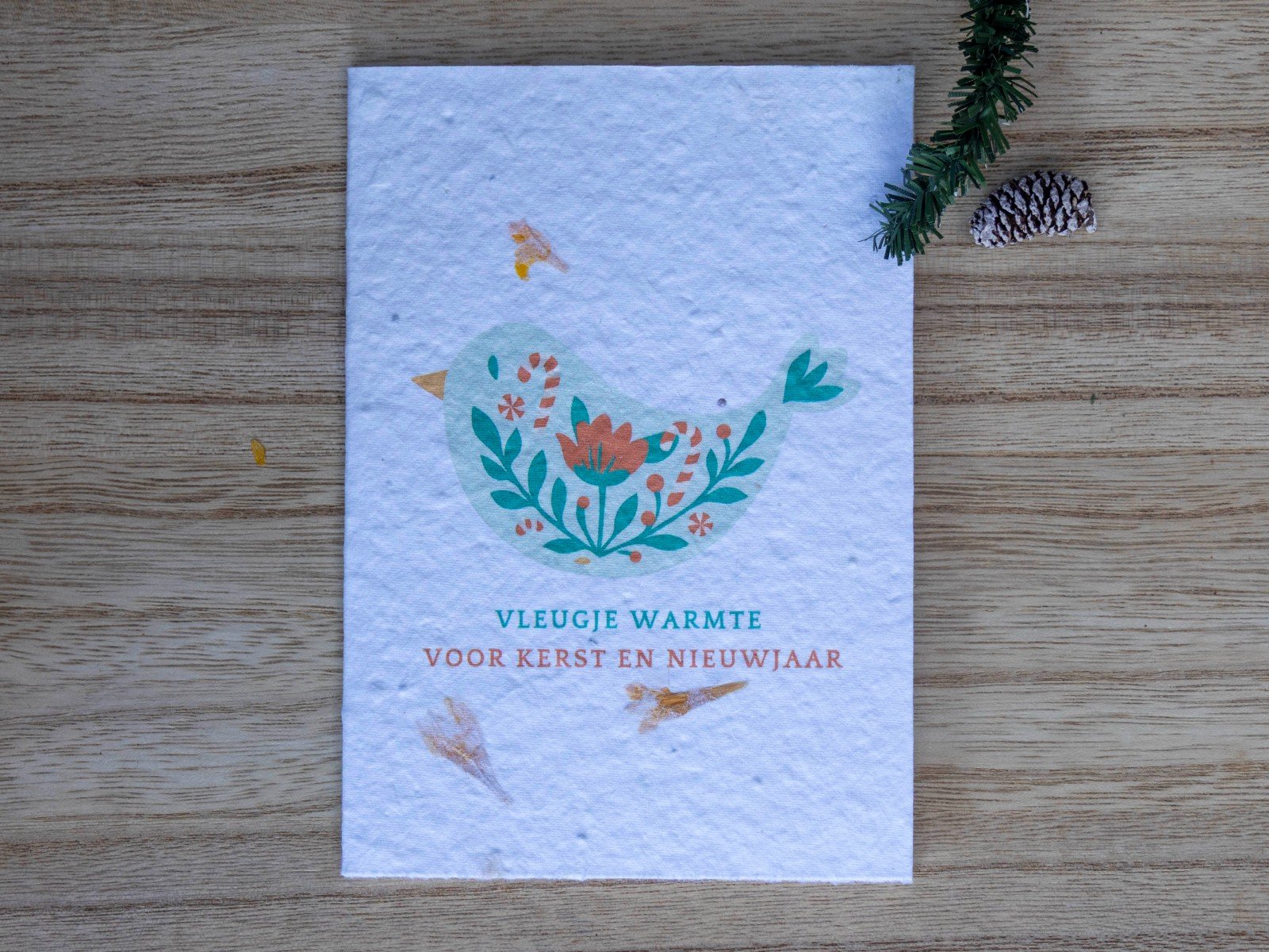 Kerstkaart op bloeipapier - Vogeltje met kleuren