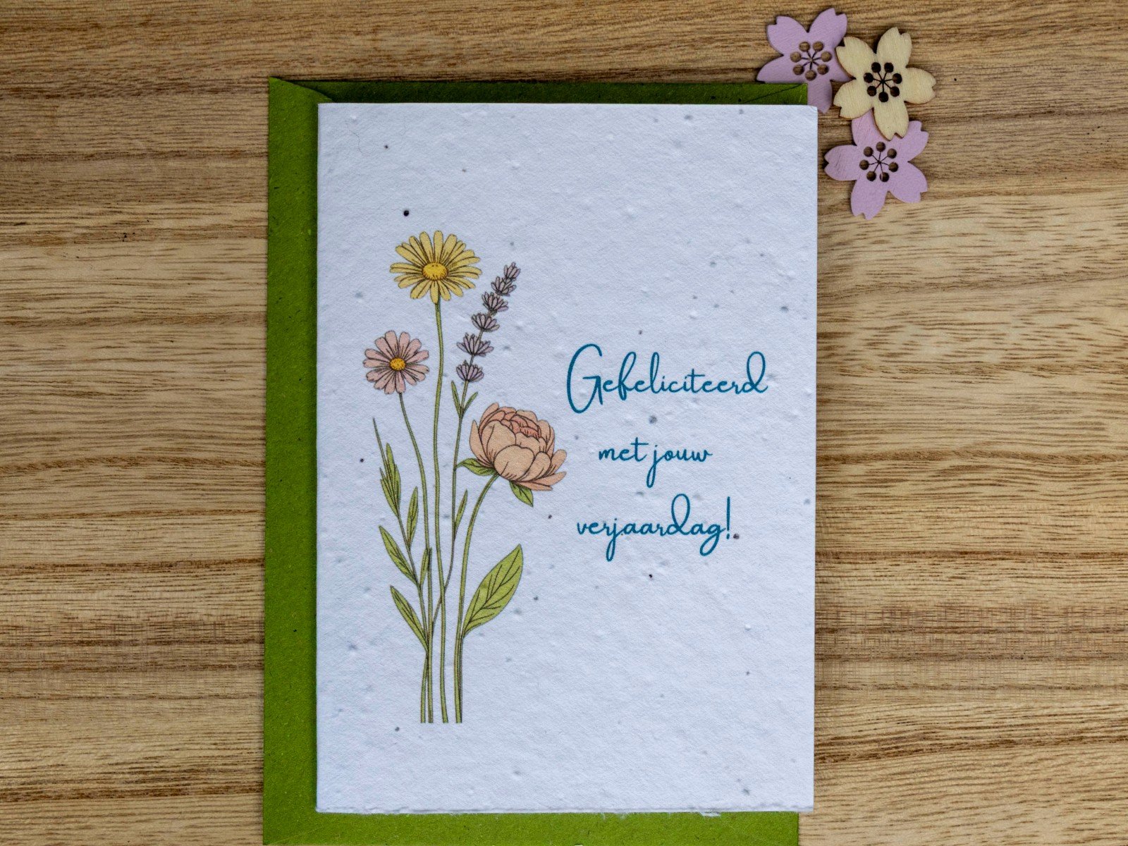 Wenskaart van bloeipapier - Verjaardag met bloemenveld