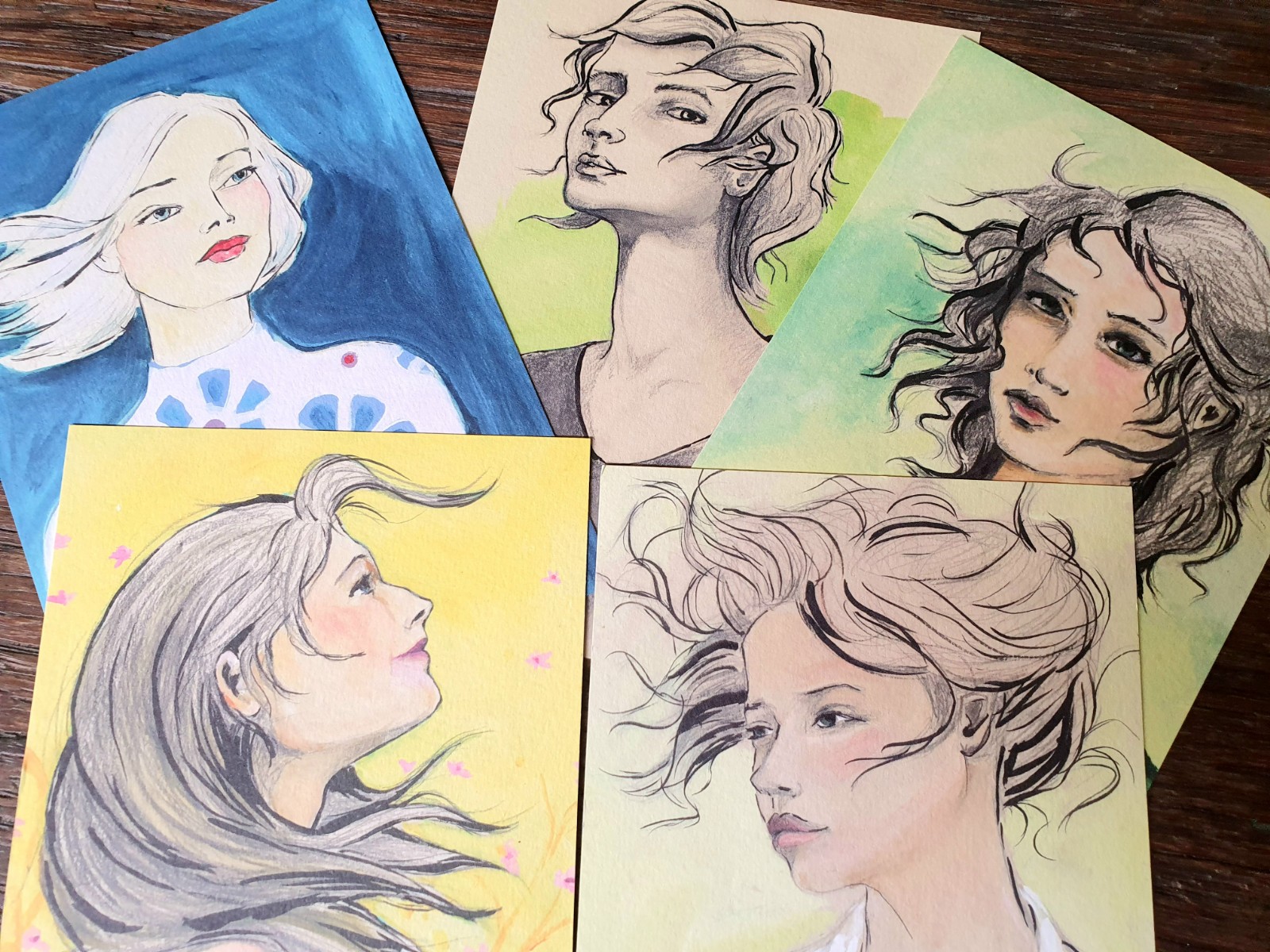 Set van 5 Kaarten – Krachtige Vrouwenportretten | Inkt & Acryl | Unieke Kunstkaarten