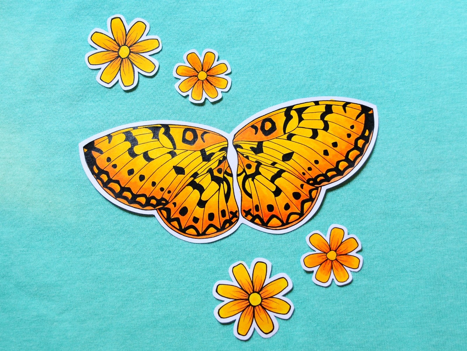 Hand getekende Sticker Set, Oranje Vlinder Vleugels, Bloemen