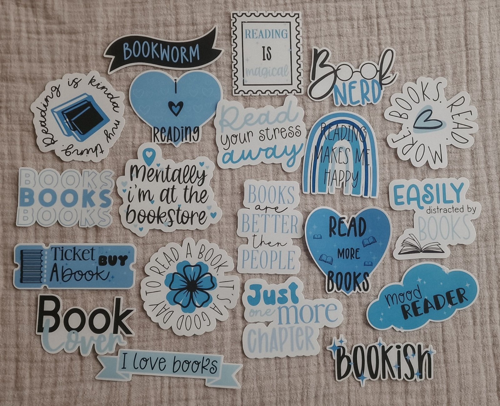 Bookish blauw stickerset, set van 20 stuks