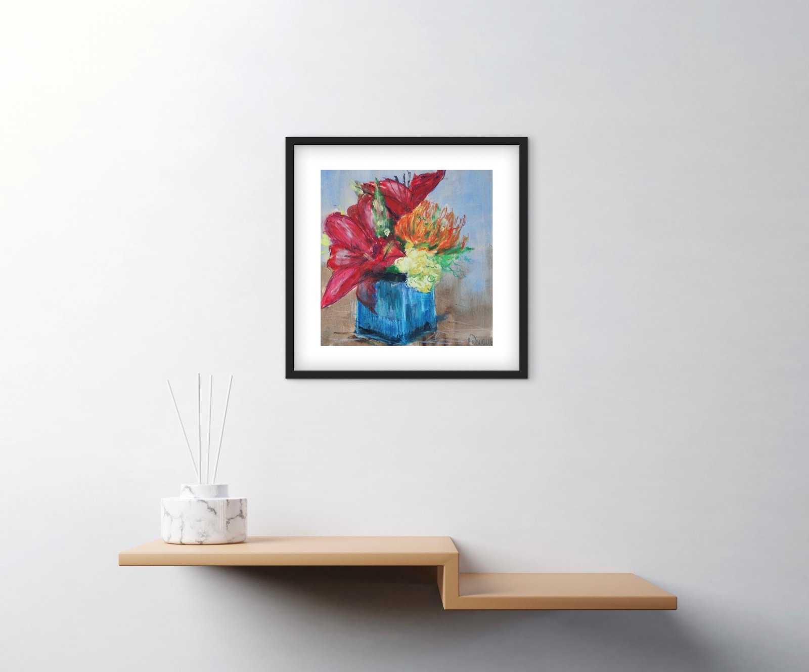 Bloemenschilderij Rood & Oranje – Acryl op Hout 32x32cm – ‘Crimson Bloom’