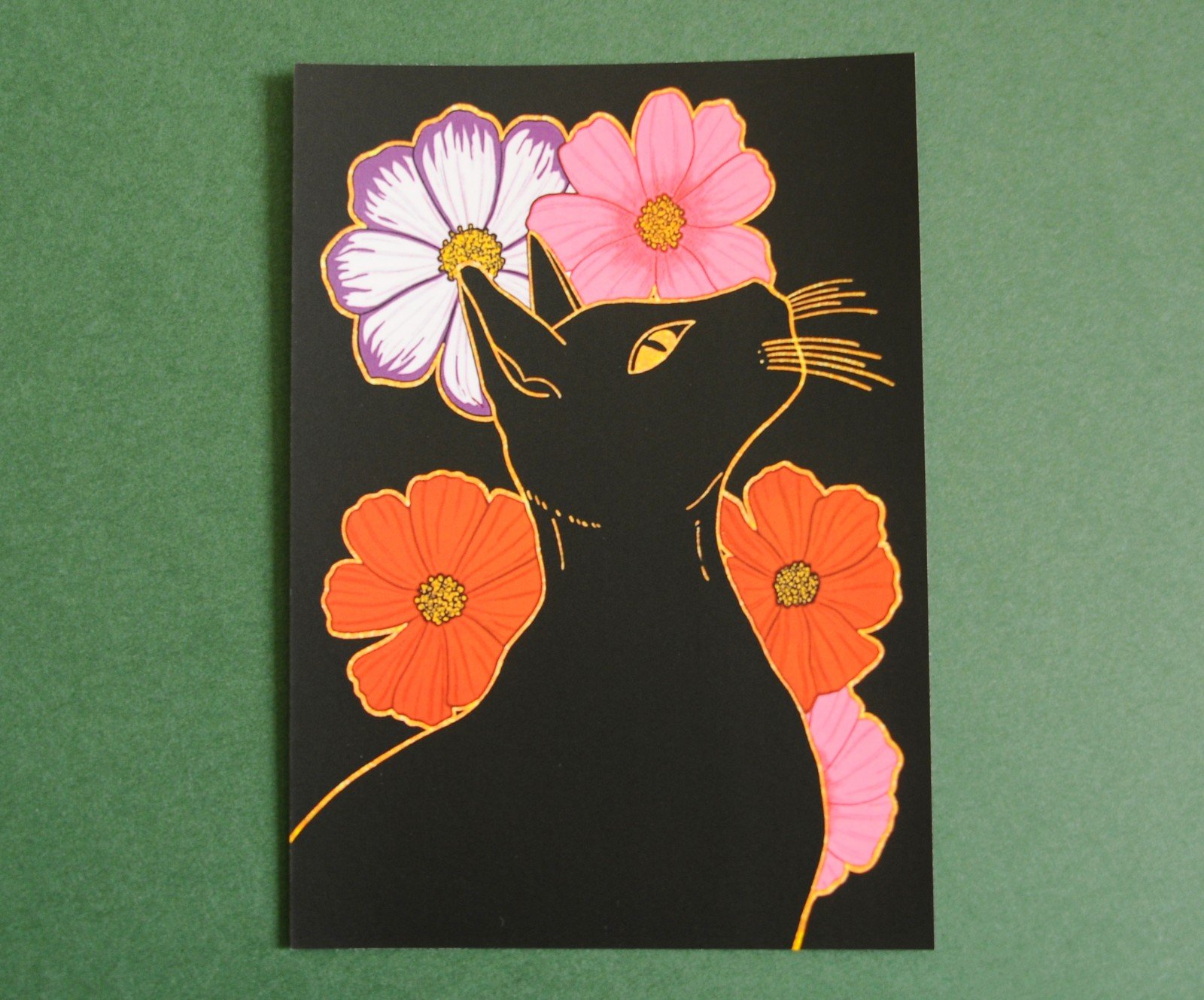 Floral Black Cat A6 Kaart, Bloemen Zwarte Kat Illustratie - 96824 Floral Black Cat A6 Kaart, Bloemen Zwarte Kat Illustratie