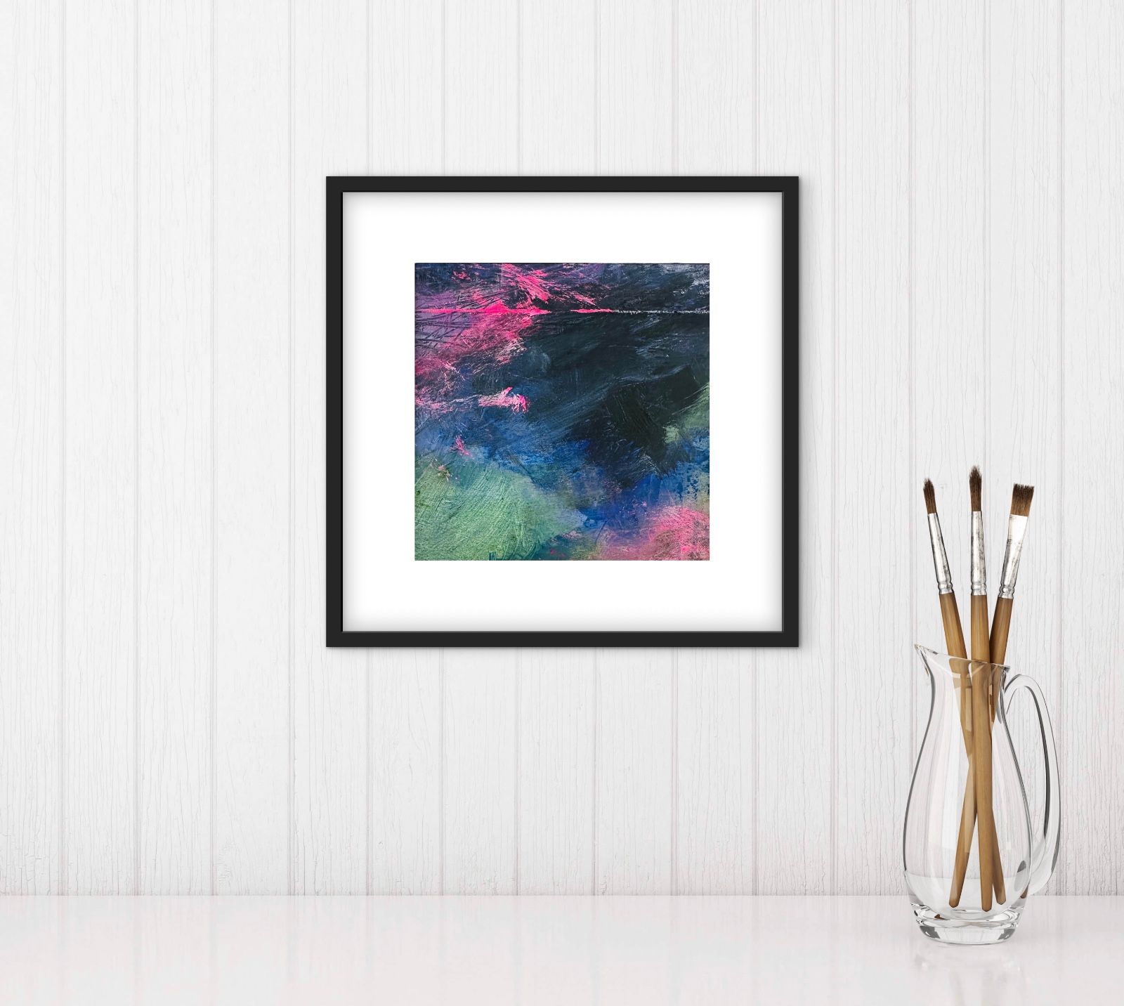 Abstract Schilderij Donkerblauw & Neonroze – Acryl op Hout 32x32cm – ‘Neon Nightfall’