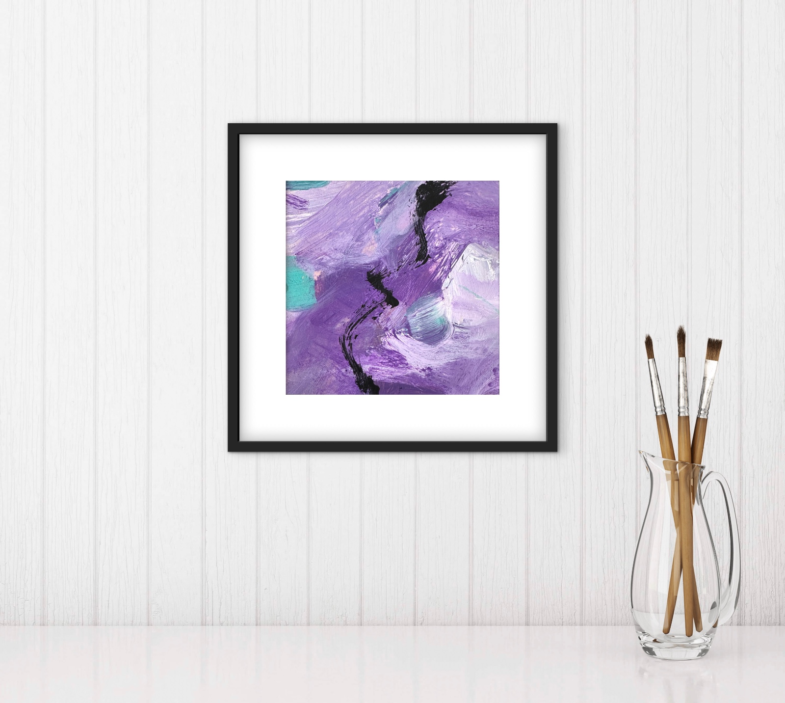 Abstract Schilderij ‘Purple Motion’ – Acryl op Hout (32x32cm) - 102518 Abstract Schilderij Paars & Turquoise – Acryl op Hout 32x32cm – ‘Purple Motion’