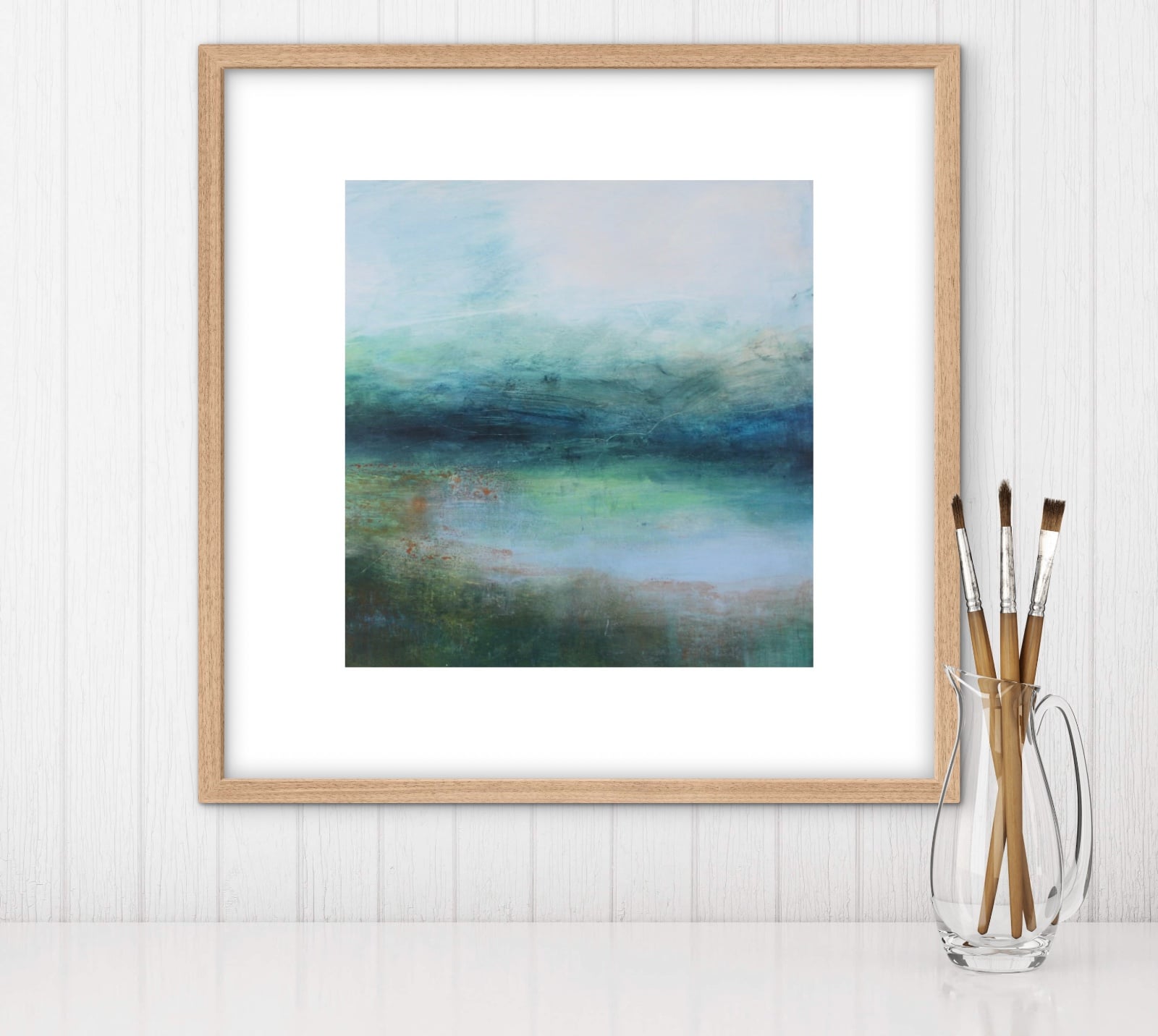 Landschapschilderij Blauw & Lichtgroen – Acryl op Hout 50x50cm – ‘Silent Waters’