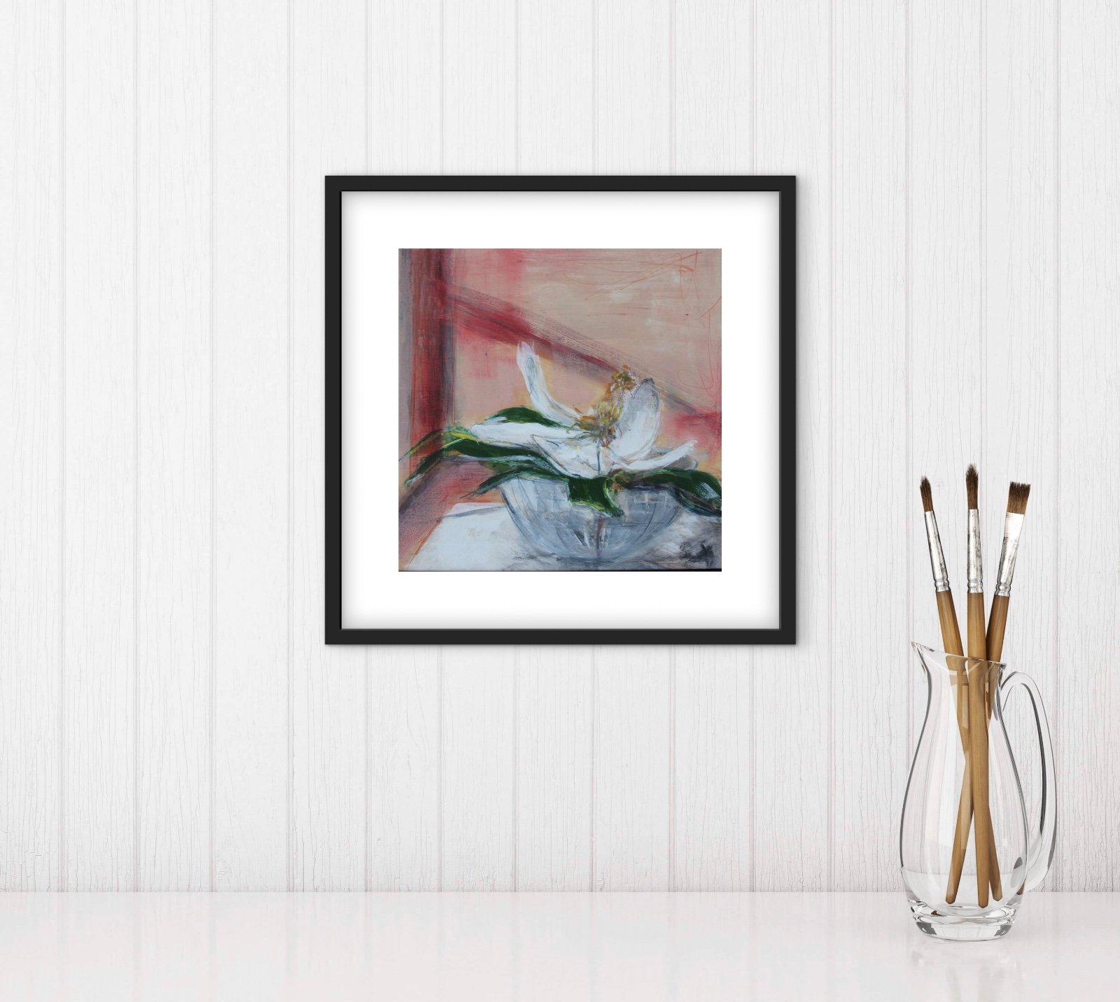 Bloemenschilderij Wit, Groen & Roze – Acryl op Hout 32x32cm – ‘… - 103744 Bloemenschilderij Wit, Groen & Roze – Acryl op Hout 32x32cm – ‘Magnolia Still Life’