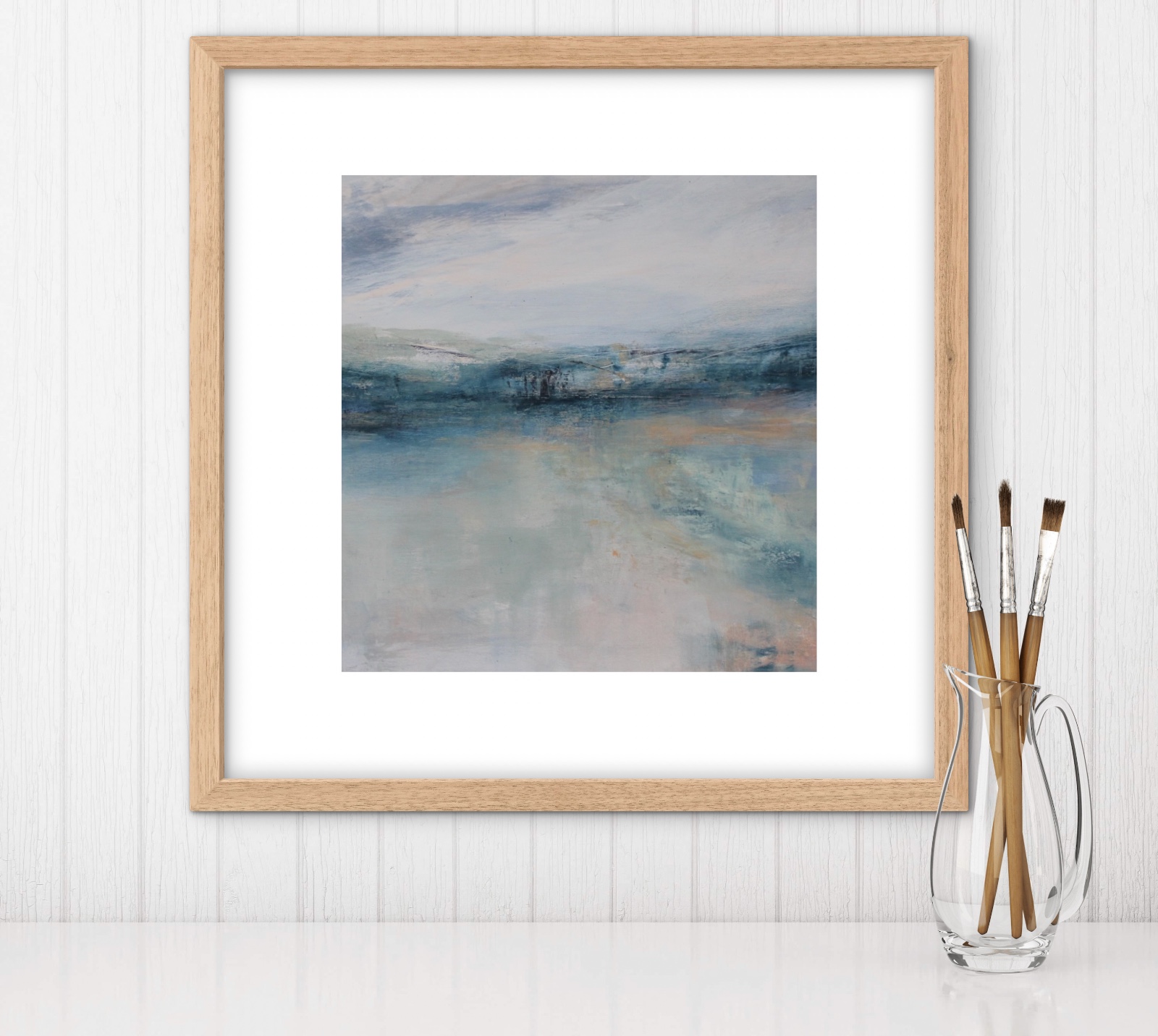 Landschapschilderij Blauw & Beige – Acryl op Hout 50x50cm – ‘Calm Reflections’