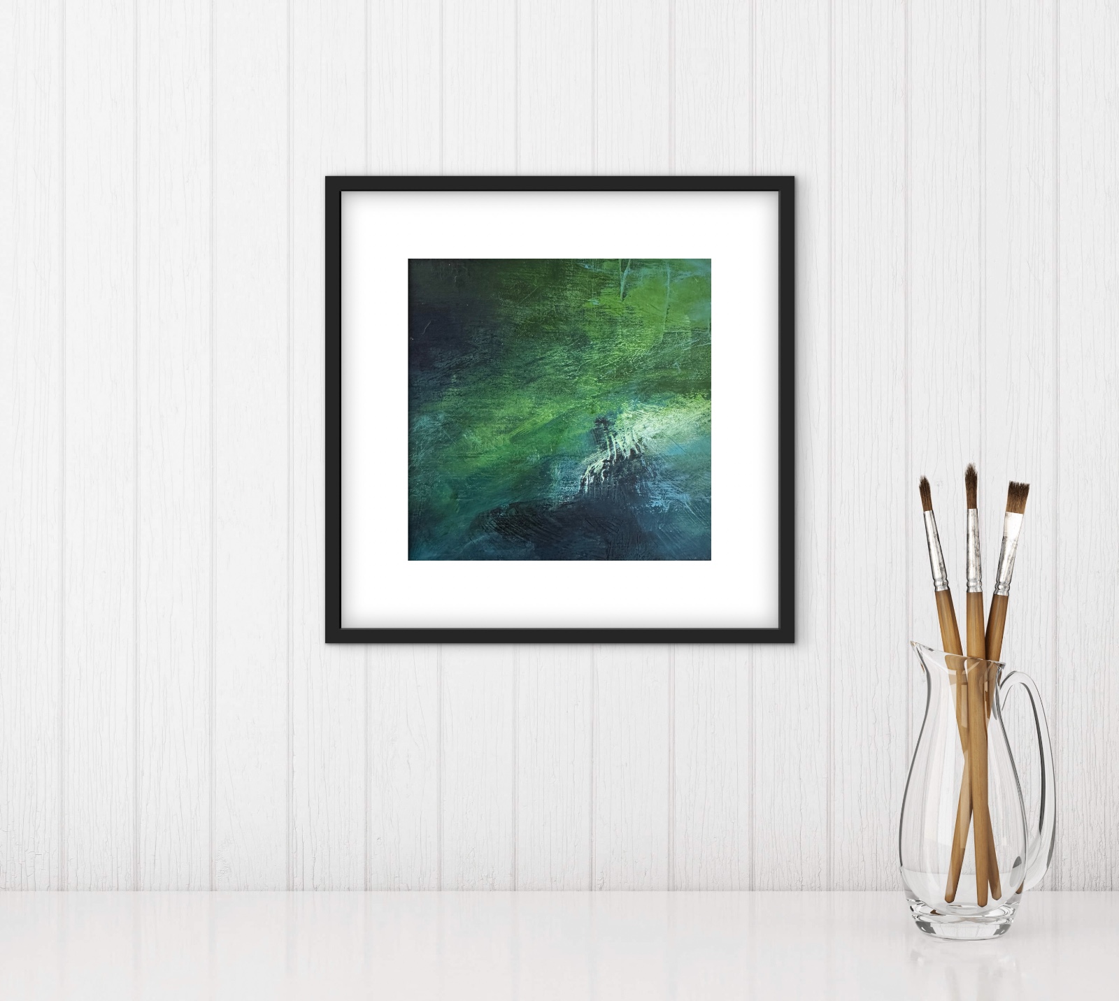 Landschapschilderij ‘Forest Depth’ – Acryl op Hout (32x32cm) - 102572 Landschapschilderij Groen & Donkerblauw – Acryl op Hout 32x32cm – ‘Forest Depth’