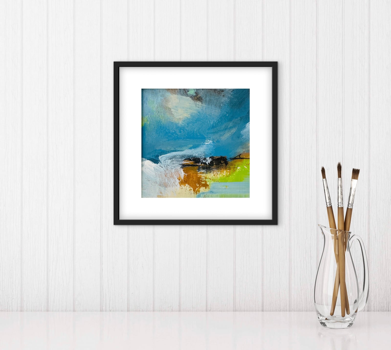 Landschapschilderij Blauw & Beige – Acryl op Hout 32x32cm – ‘Morning Energy’