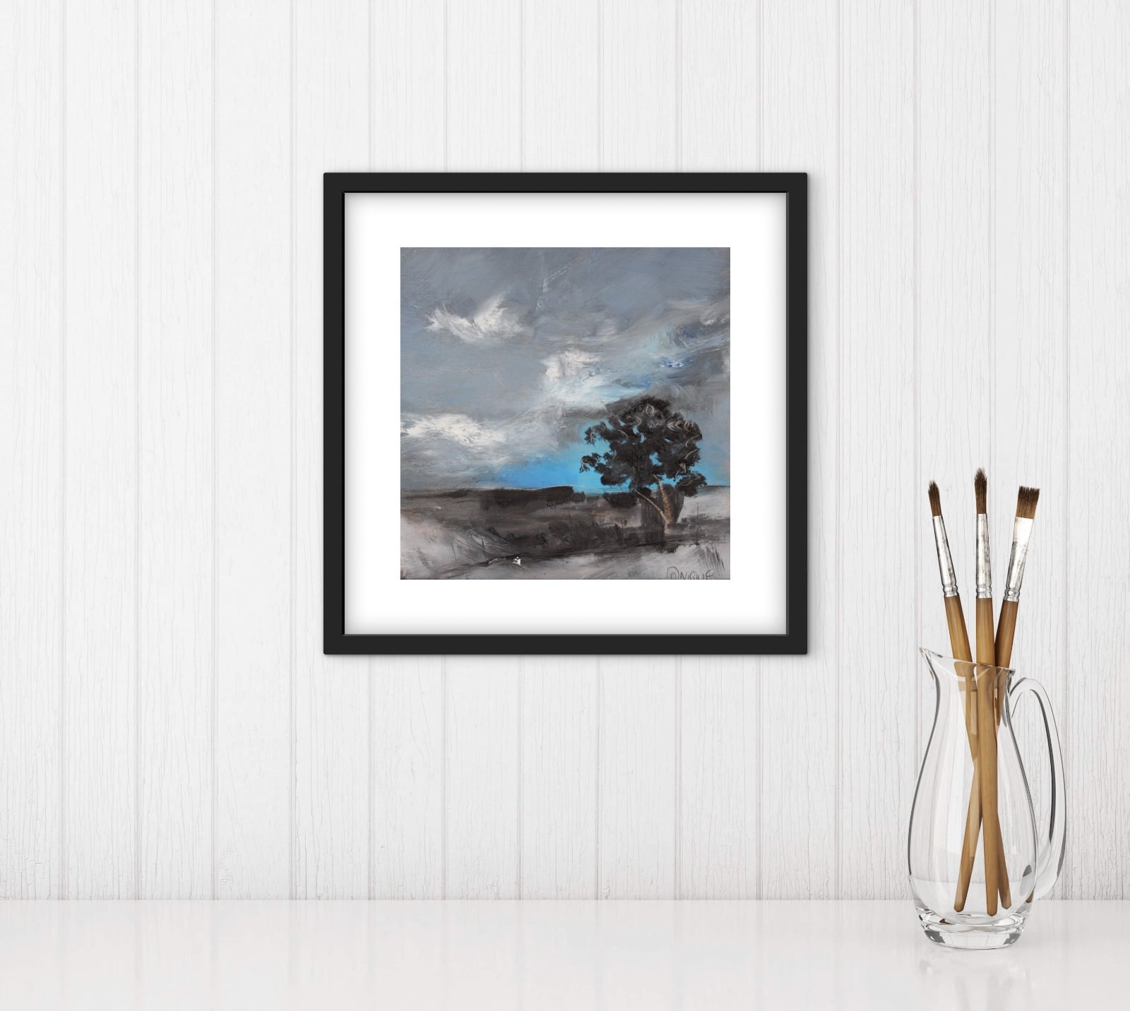 Landschapschilderij Grijs, Blauw & Zwart – Acryl op Hout 32x32cm – ‘Stormbound Tree’