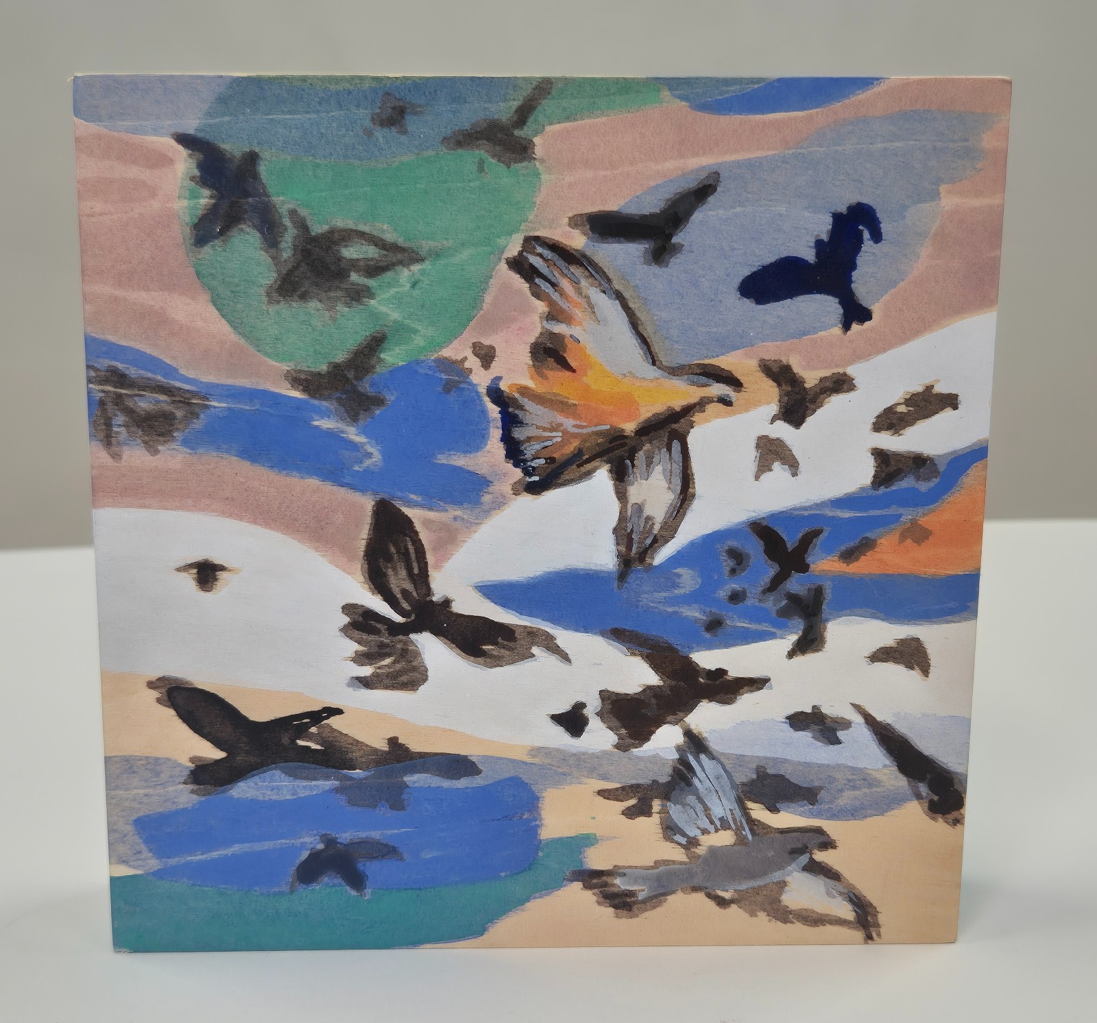 Vogeltjes IV, houten paneel