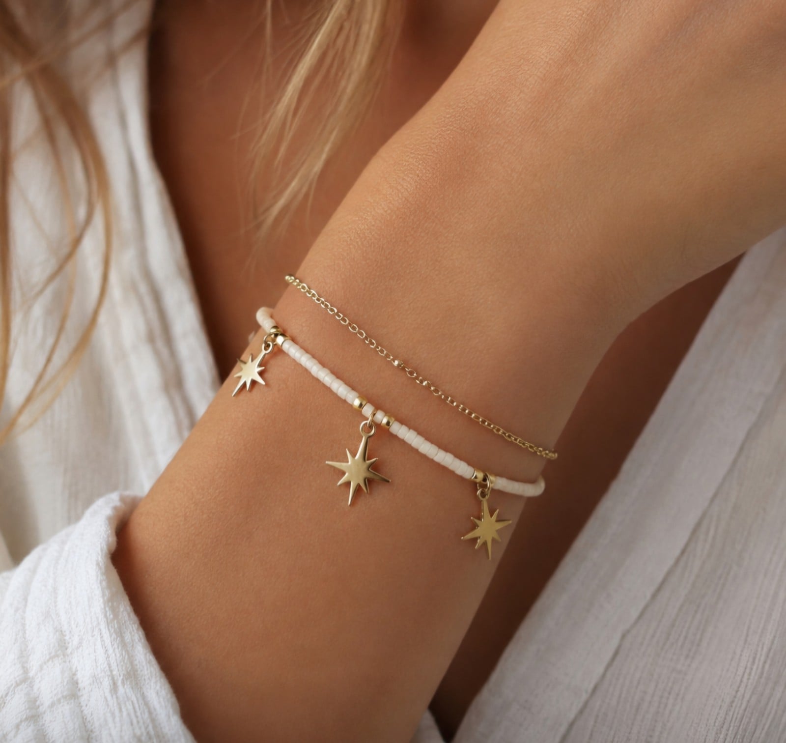 RVS Vergulde Dubbele Armband met Sterretjes - 146681 RVS Vergulde Dubbele Armband met Sterretjes