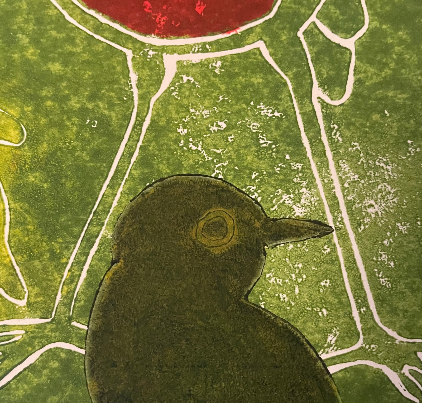 Linoprint nieuwsgierig vogeltje. - 152357 Linoprint nieuwsgierig vogeltje.
