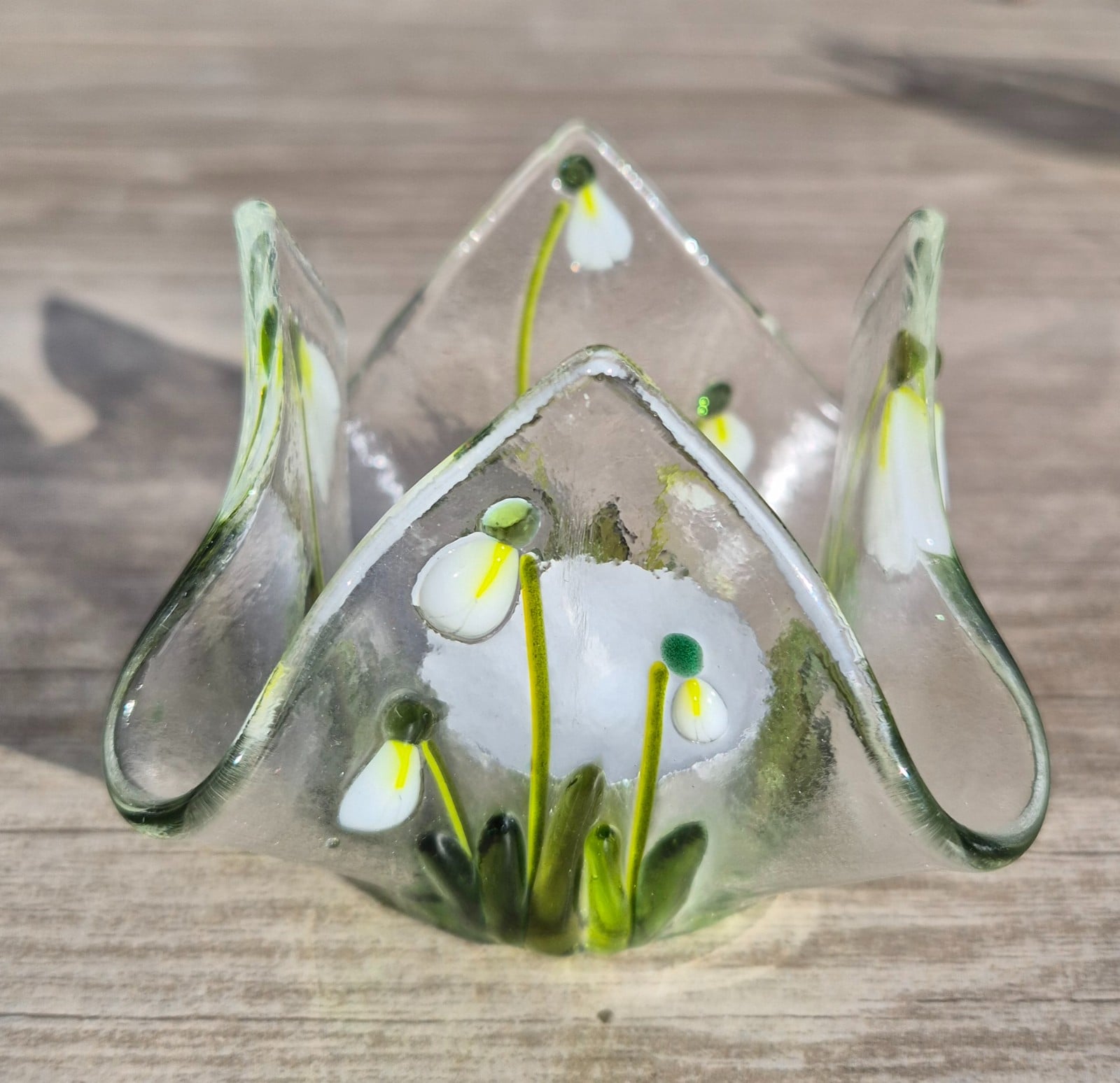 Waxinelichthouder van glas, handgemaakt, transparant met sneeuwklokjes