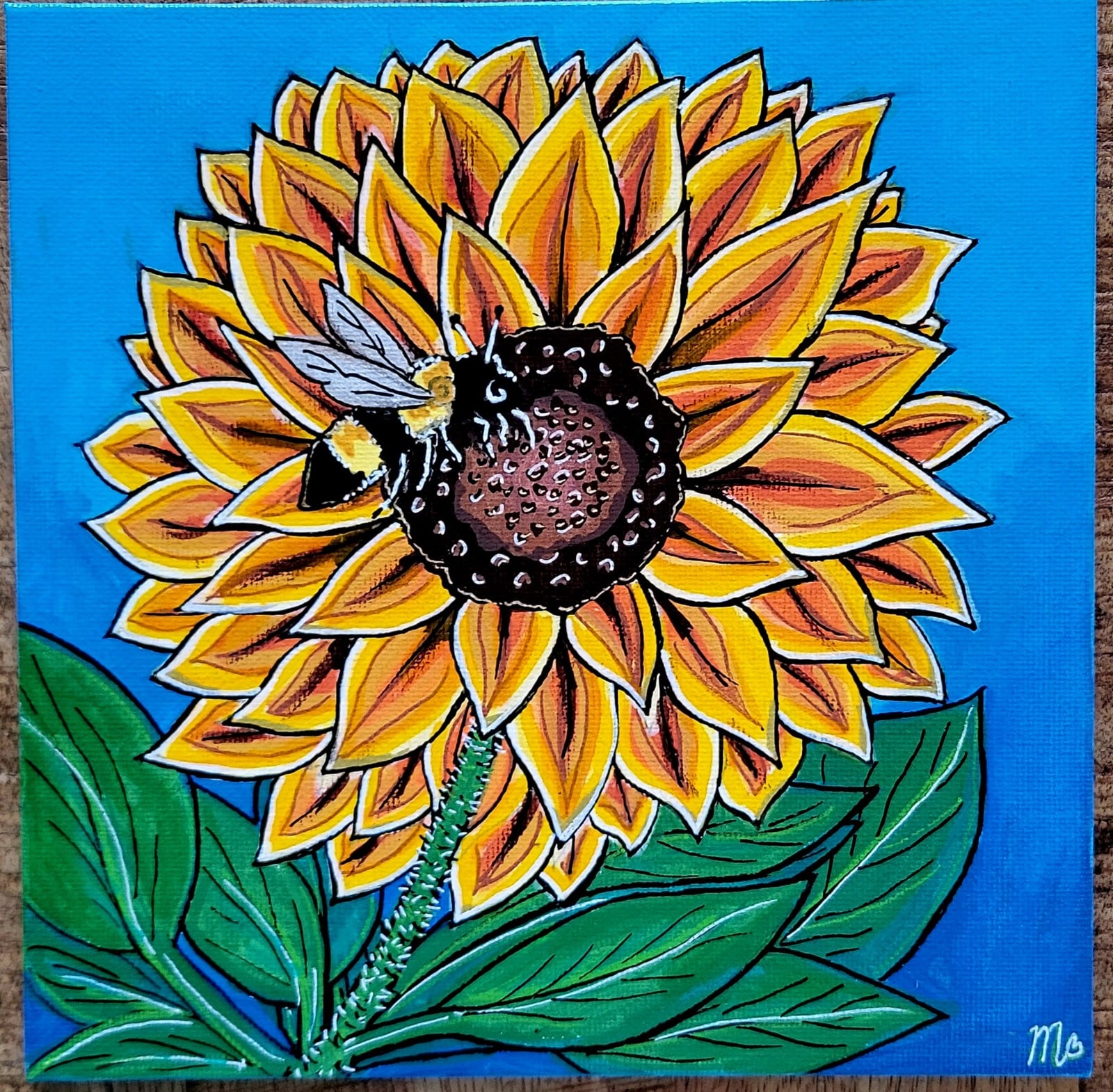 Canvas 'Zonnebloem met bij' origineel acrylschilderij 20x20 - 149743 Canvas 'Zonnebloem met bij' origineel acrylschilderij 20x20
