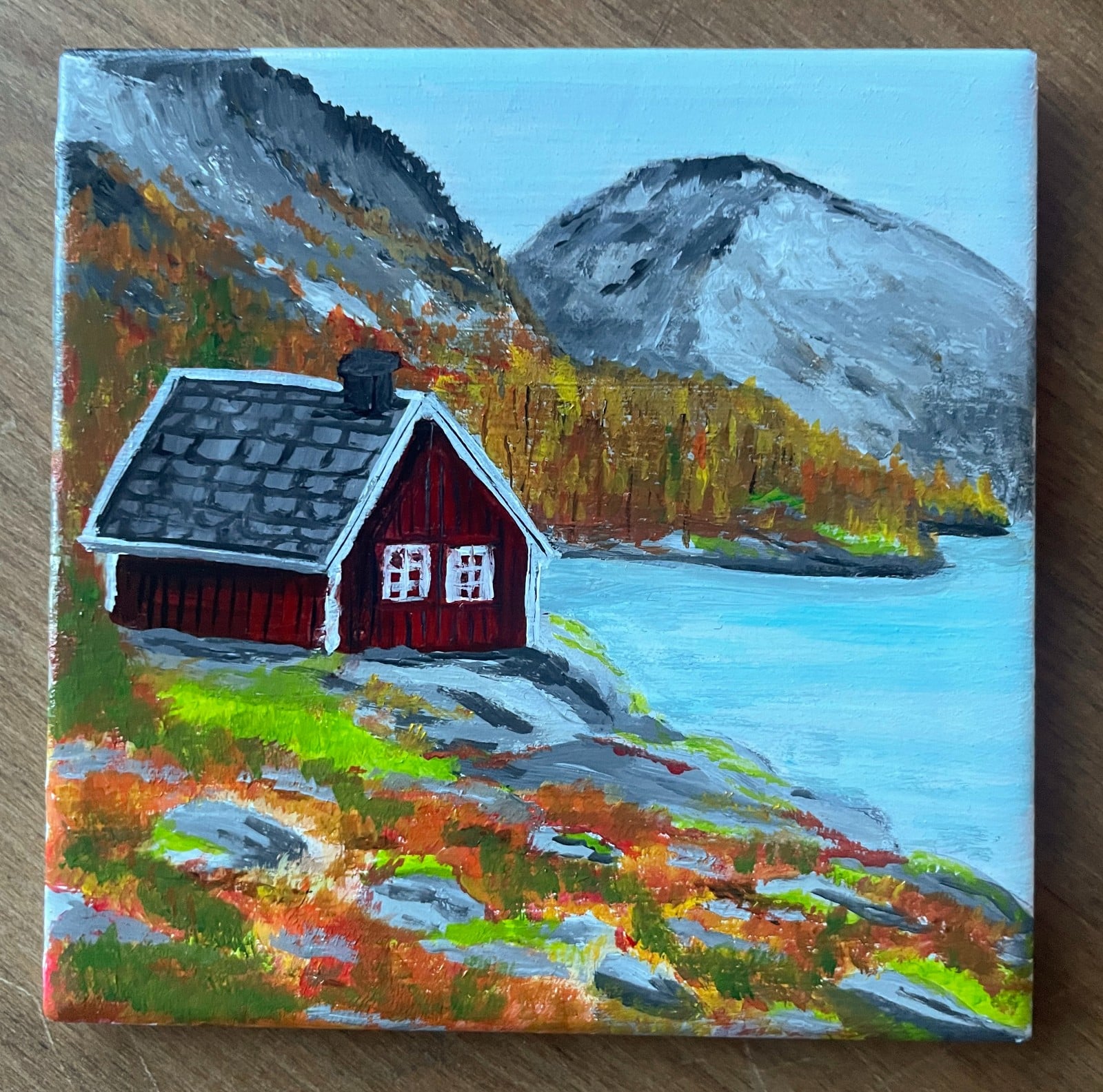 Handgeschilderd tegeltje – Het rode huisje| 10 × 10 cm - 152743 Handgeschilderd tegeltje – Het rode huisje| 10 × 10 cm