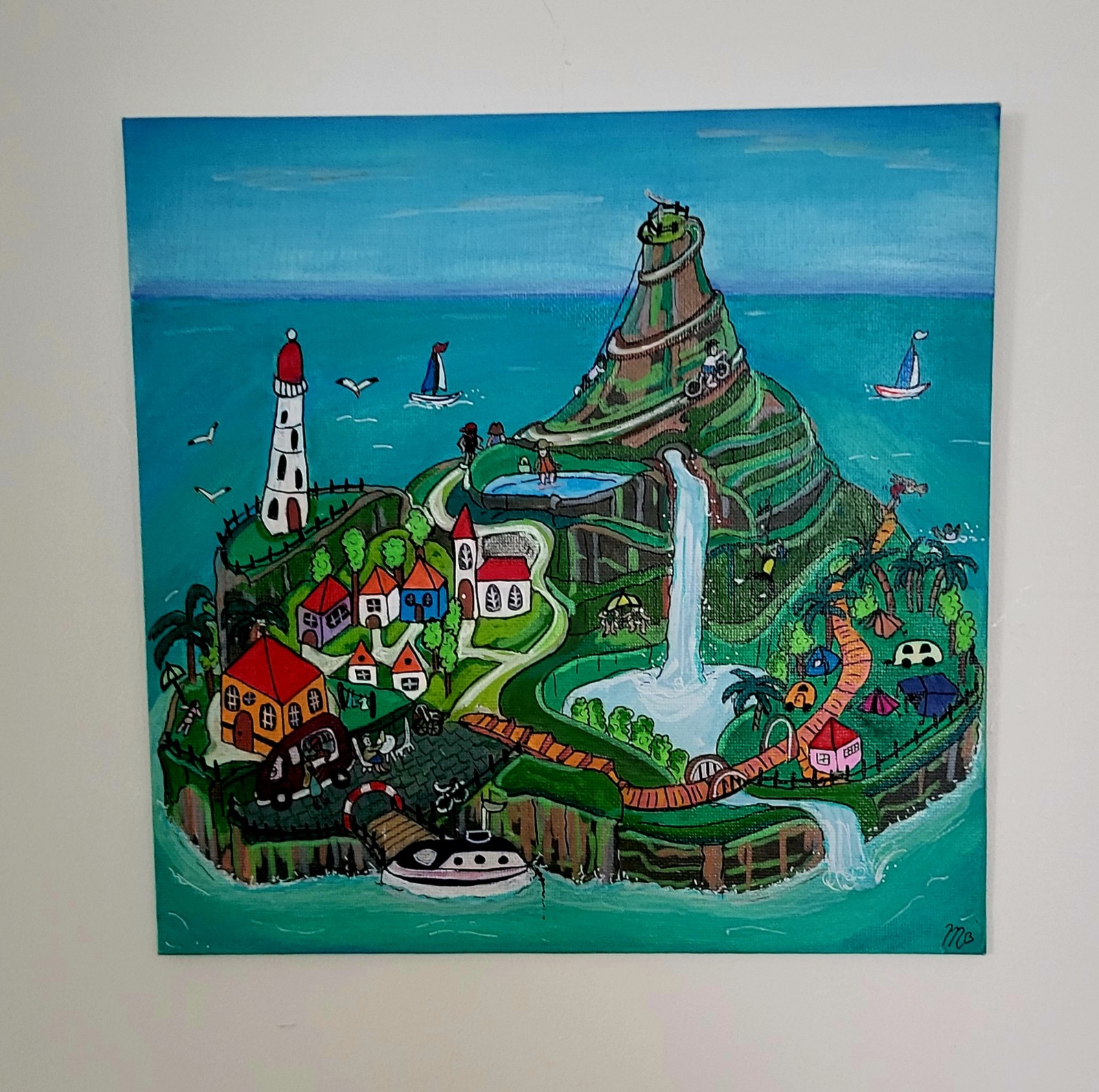 Canvas 25x25 'Vakantie eiland' origineel acryl schilderij - 152162 Canvas 25x25 'Vakantie eiland' origineel acryl schilderij