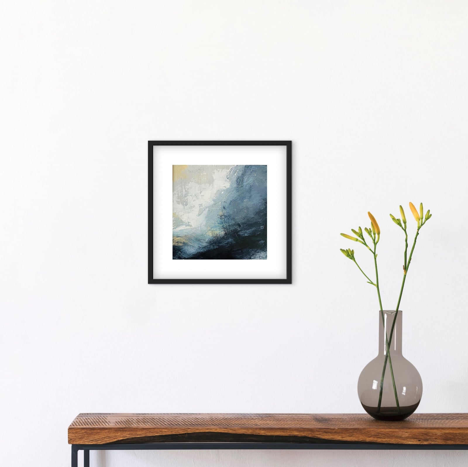 Abstract Schilderij Blauwgrijs & Marine – Acryl op Hout 32x32cm – ‘Storm Whisper’