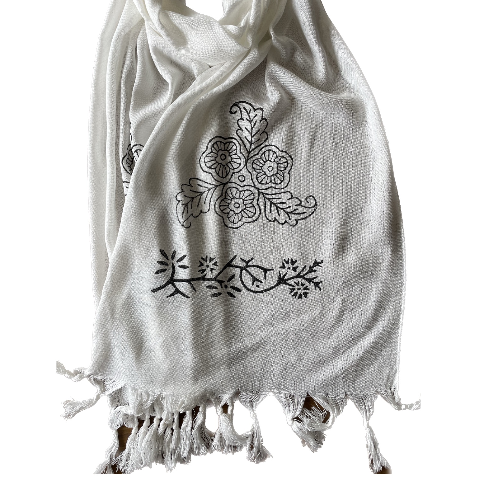 Handgemaakte witte katoenen sjaal met blokprint - 53549.jpeg Handgemaakte witte katoenen sjaal met blokprint
