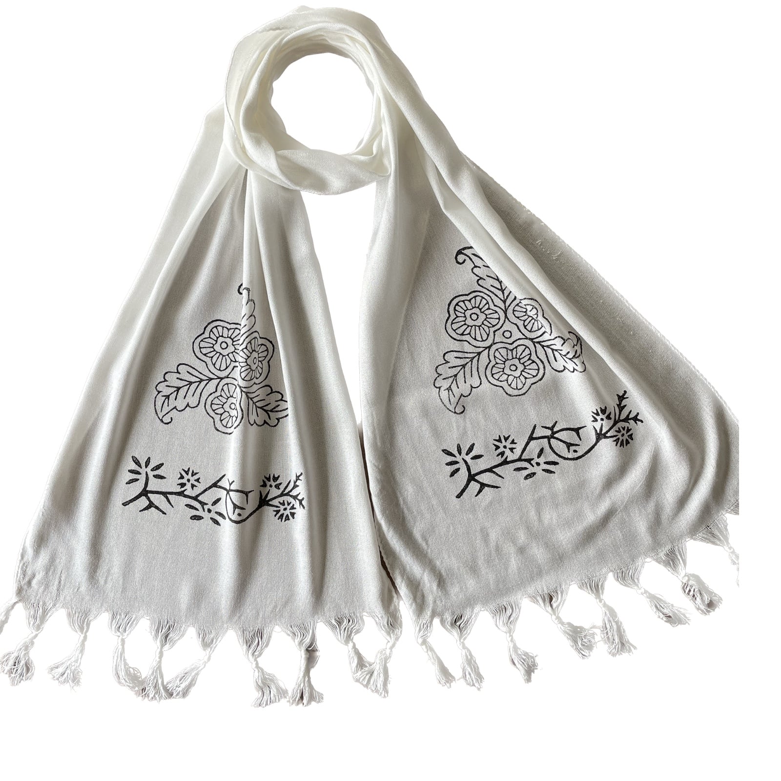 Handgemaakte witte katoenen sjaal met blokprint - 53551.jpeg Handgemaakte witte katoenen sjaal met blokprint