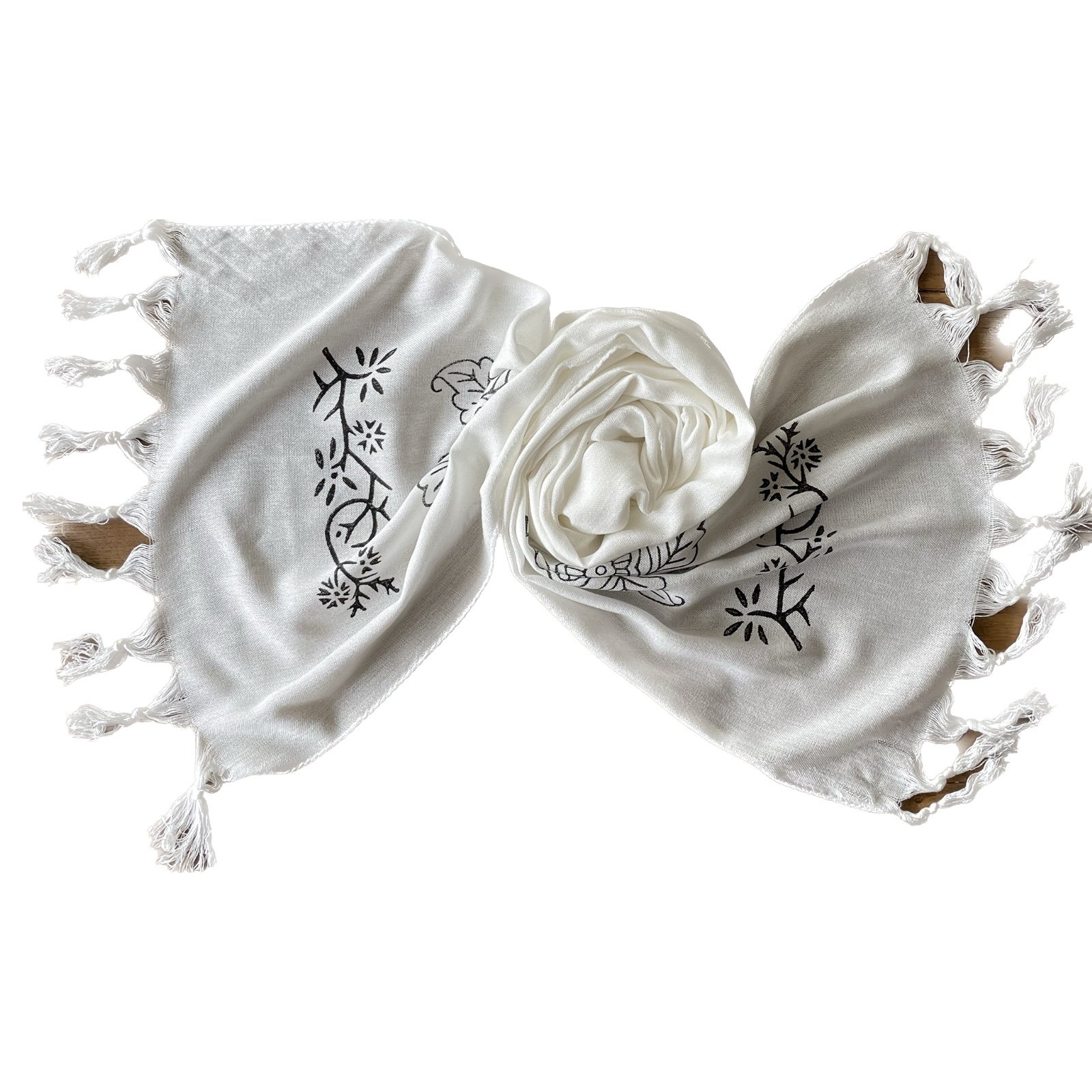 Handgemaakte witte katoenen sjaal met blokprint - 53552.jpeg Handgemaakte witte katoenen sjaal met blokprint