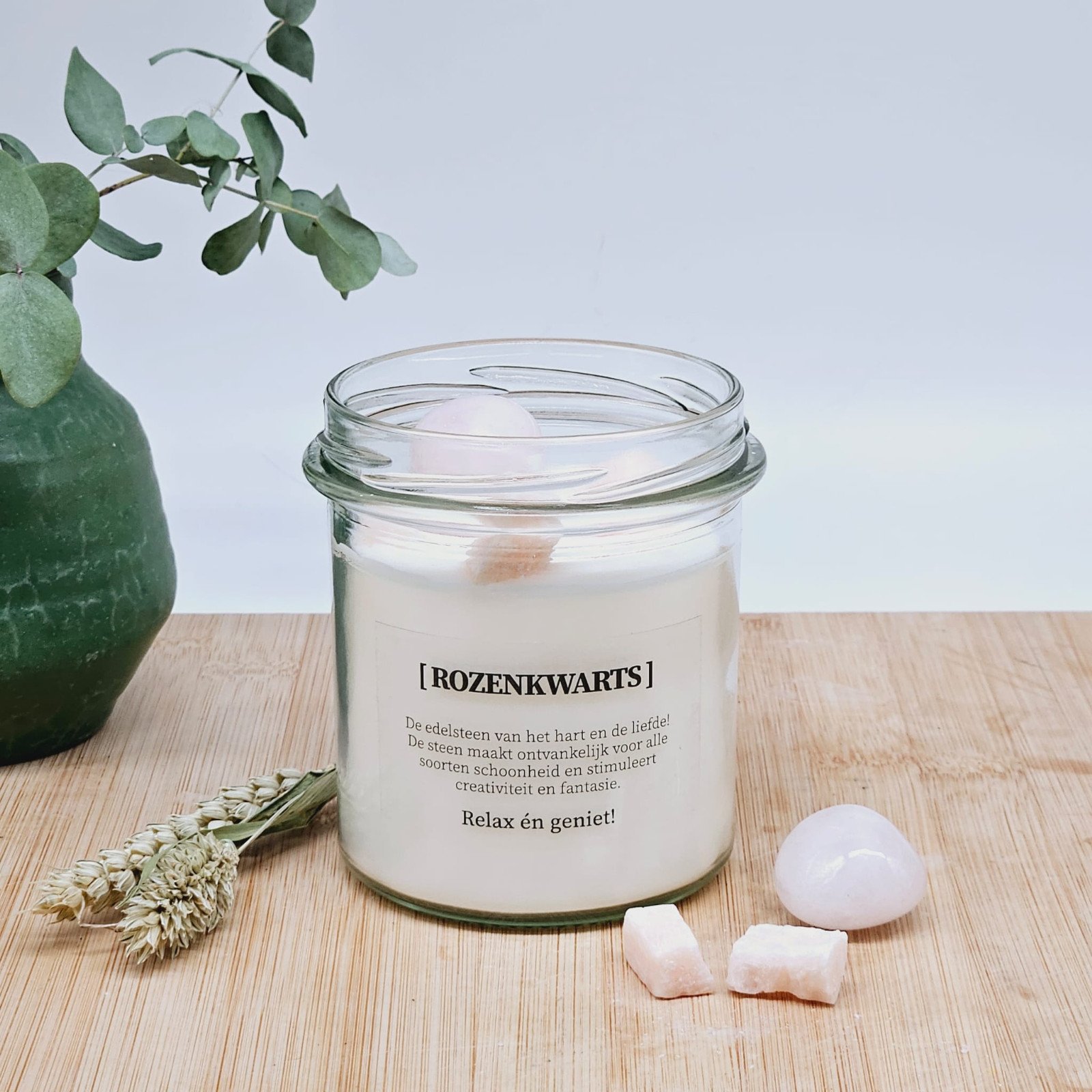 DIY pakket - Kaars met edelsteen en geurdecoratie - Rozenkwarts - 54265.jpeg DIY pakket - Sojakaars met edelsteen en geurdecoratie - Rozenkwarts