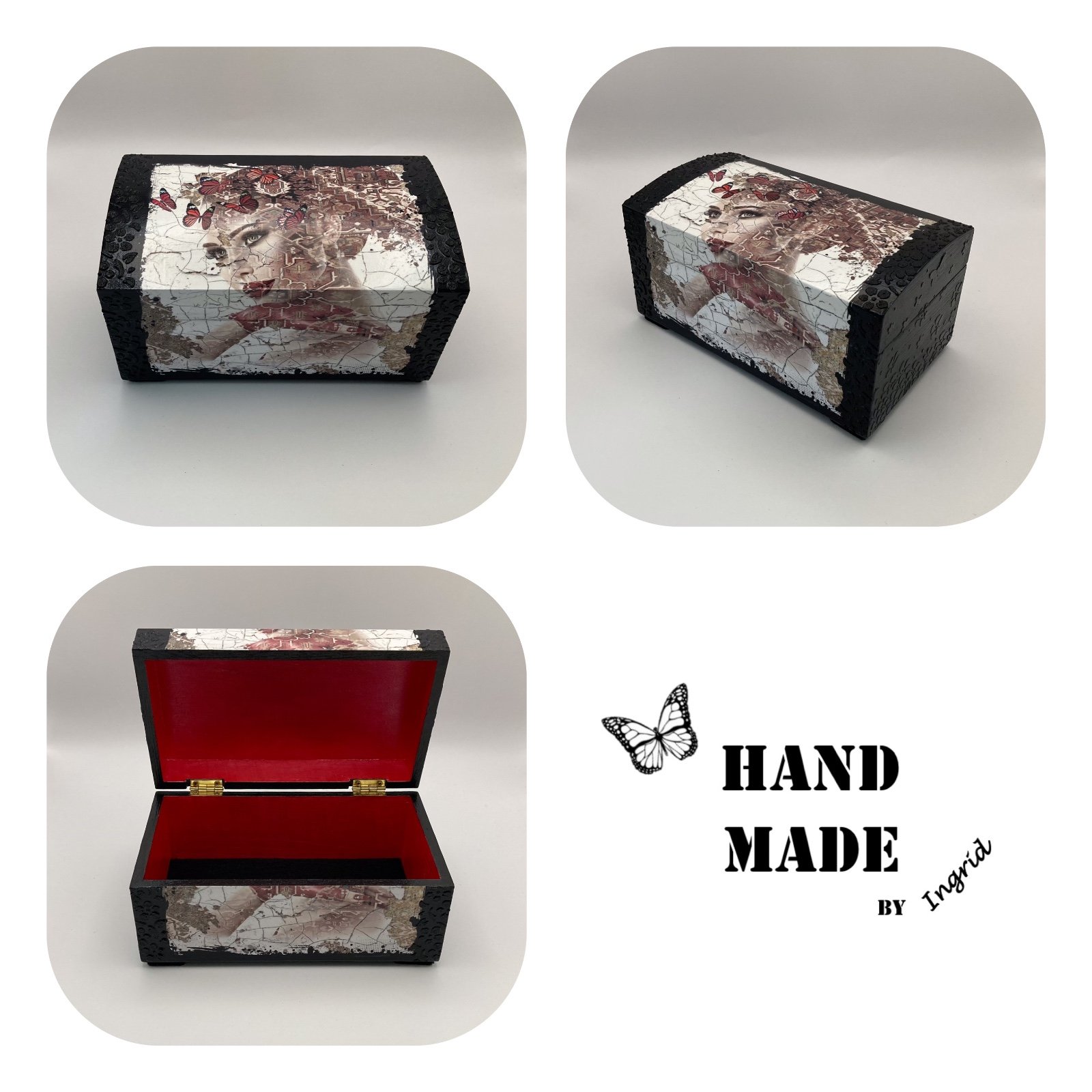 Grenen kistje ‘Fragments of Beauty’ voor interieur of cadeau - 85978 Handgedecoreerde houten sieradendoos ‘Fragments of Beauty’