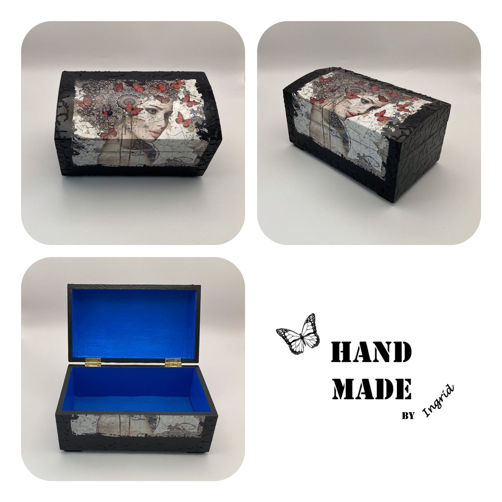 Grenen kistje ‘The Silence Between Wings’ voor interieur of cadeau - 85983 Handgedecoreerde houten sieradendoos ‘The Silence Between Wings’